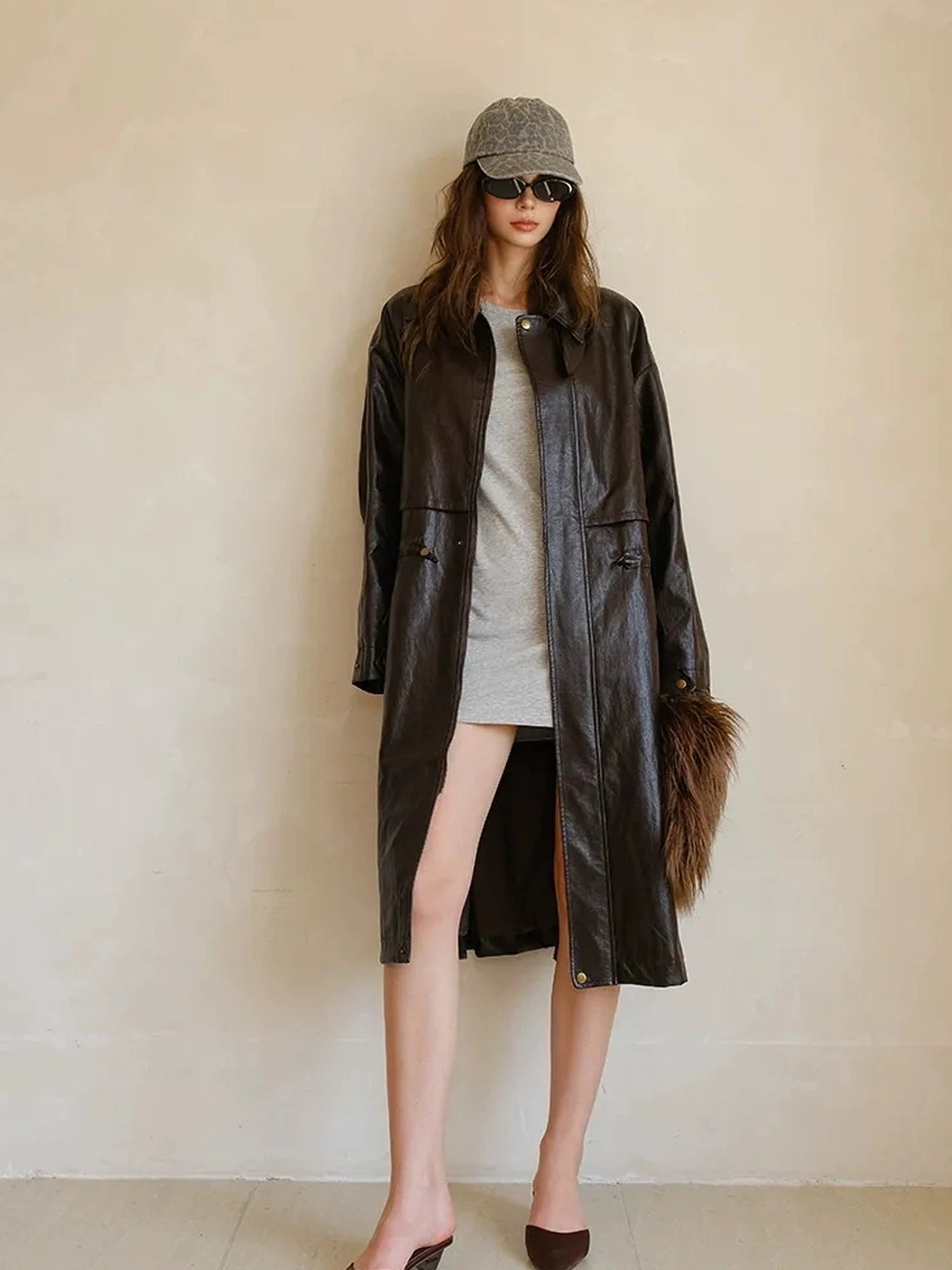 FU FRESH UP Vintage Waxed Pu Trench Coat With Waist Tie