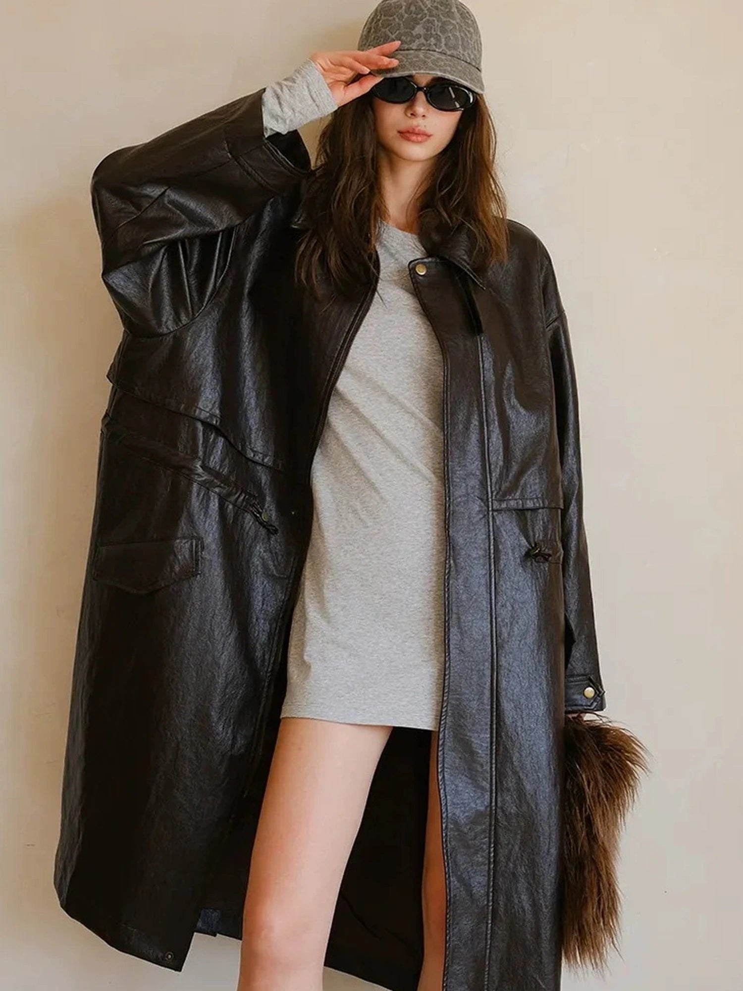 FU FRESH UP Vintage Waxed Pu Trench Coat With Waist Tie
