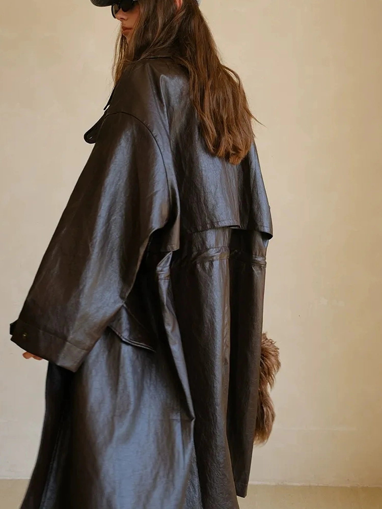 FU FRESH UP Vintage Waxed Pu Trench Coat With Waist Tie