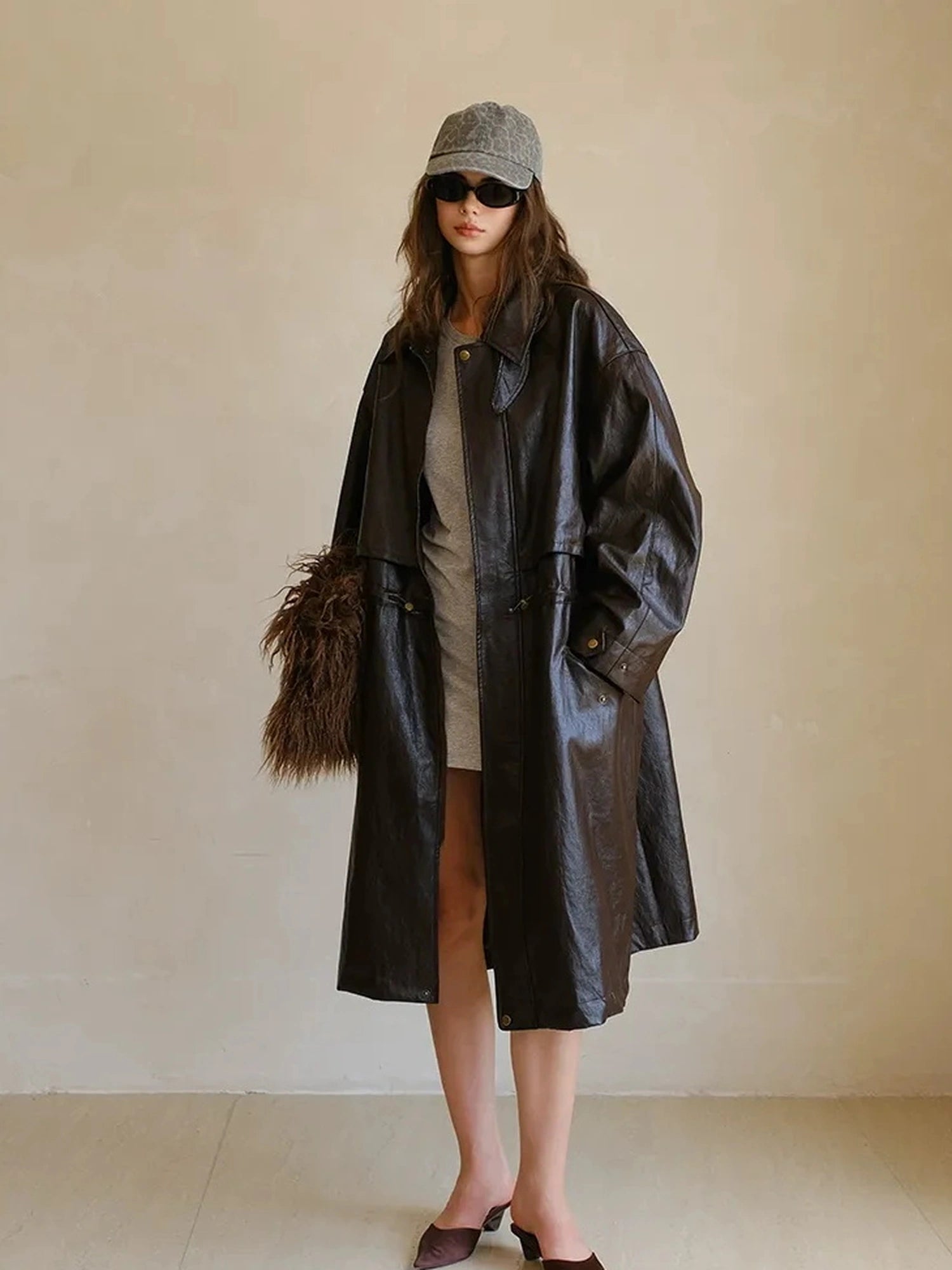 FU FRESH UP Vintage Waxed Pu Trench Coat With Waist Tie