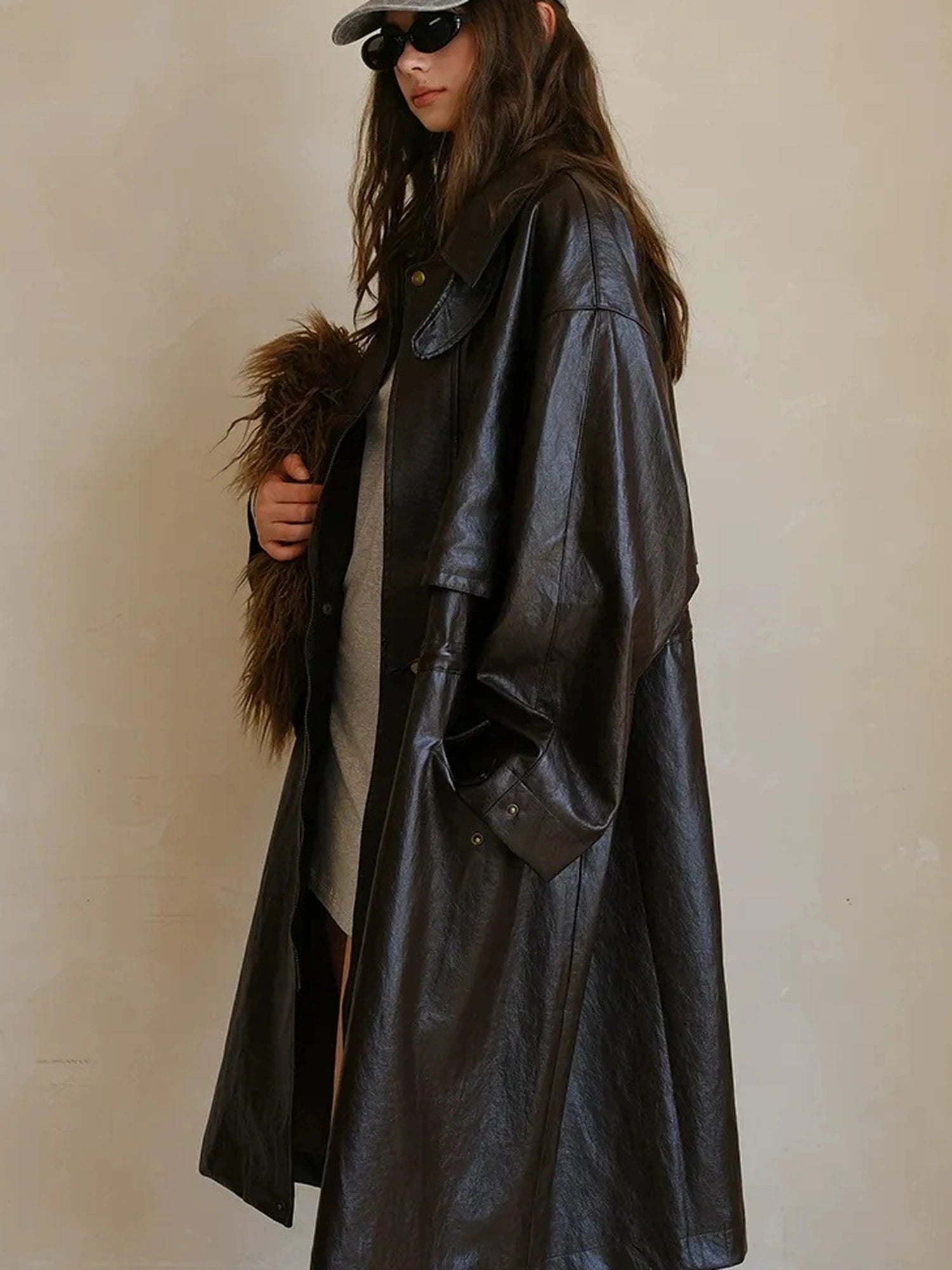 FU FRESH UP Vintage Waxed Pu Trench Coat With Waist Tie