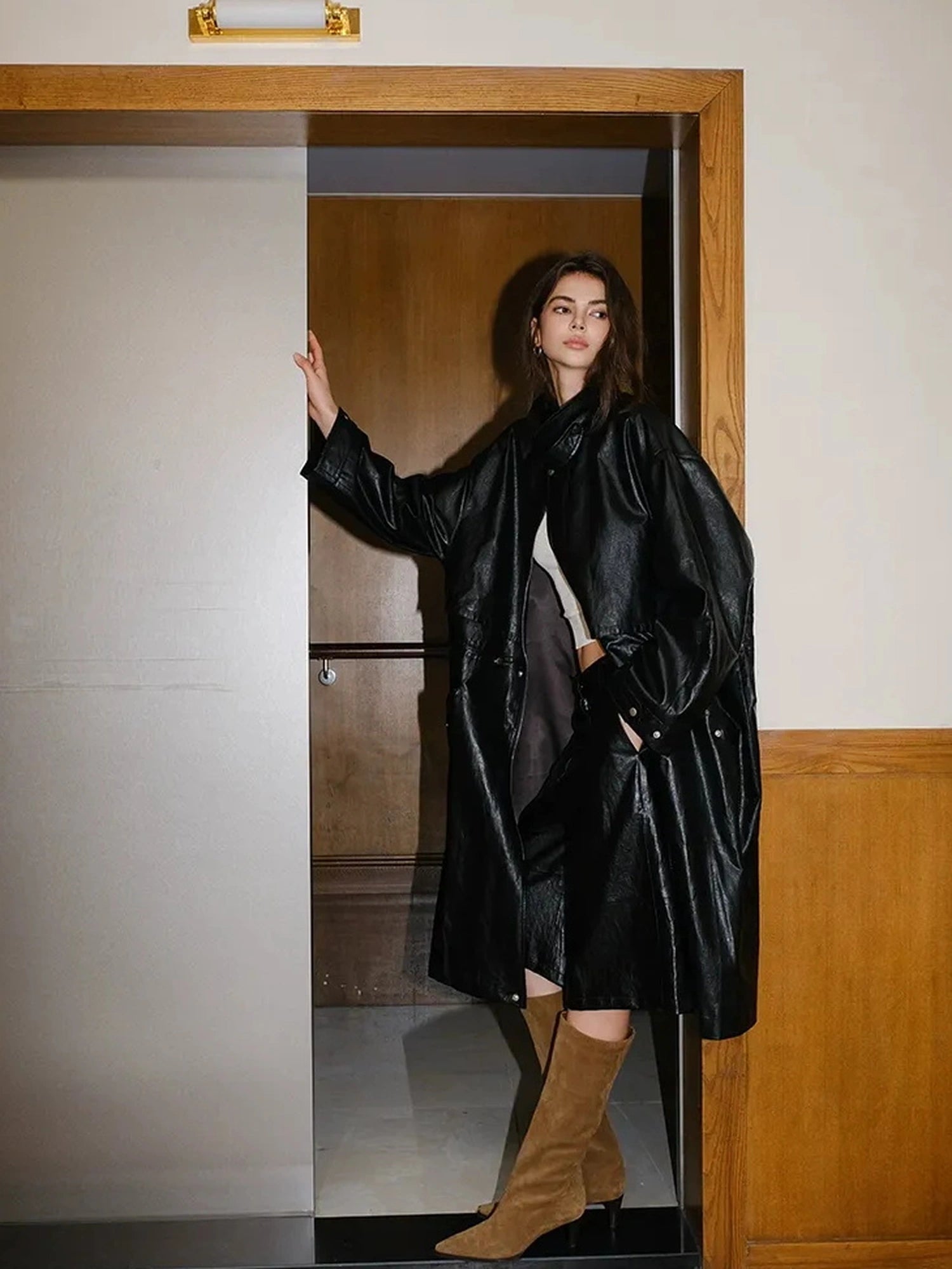 FU FRESH UP Vintage Waxed Pu Trench Coat With Waist Tie