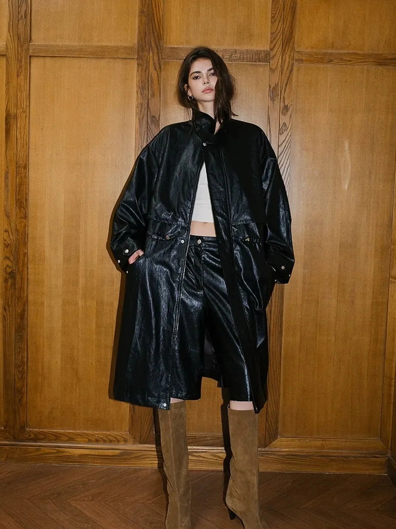 FU FRESH UP Vintage Waxed Pu Trench Coat With Waist Tie