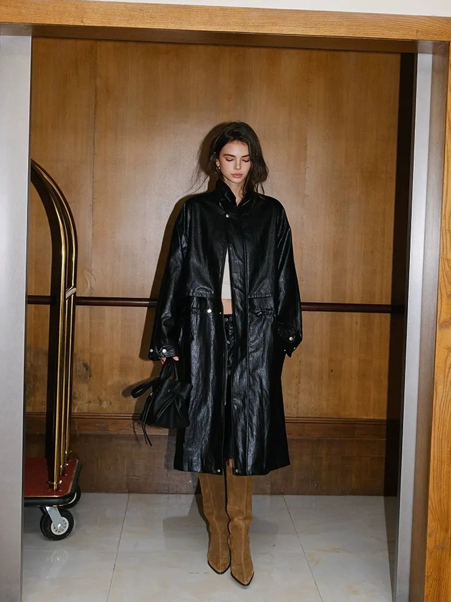 FU FRESH UP Vintage Waxed Pu Trench Coat With Waist Tie