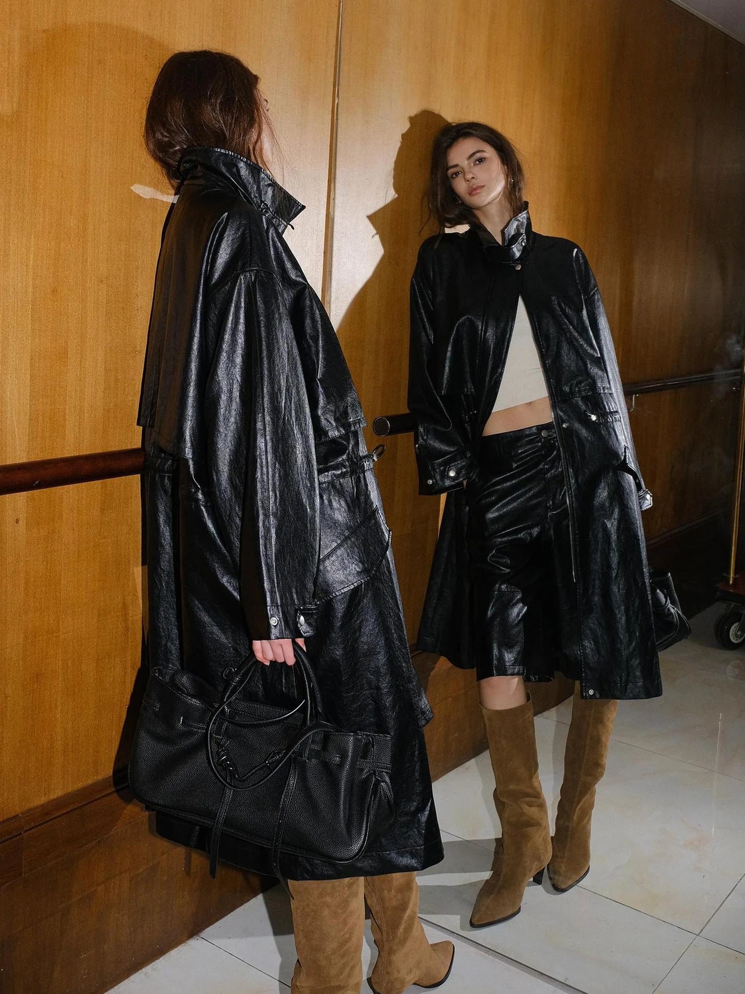 FU FRESH UP Vintage Waxed Pu Trench Coat With Waist Tie