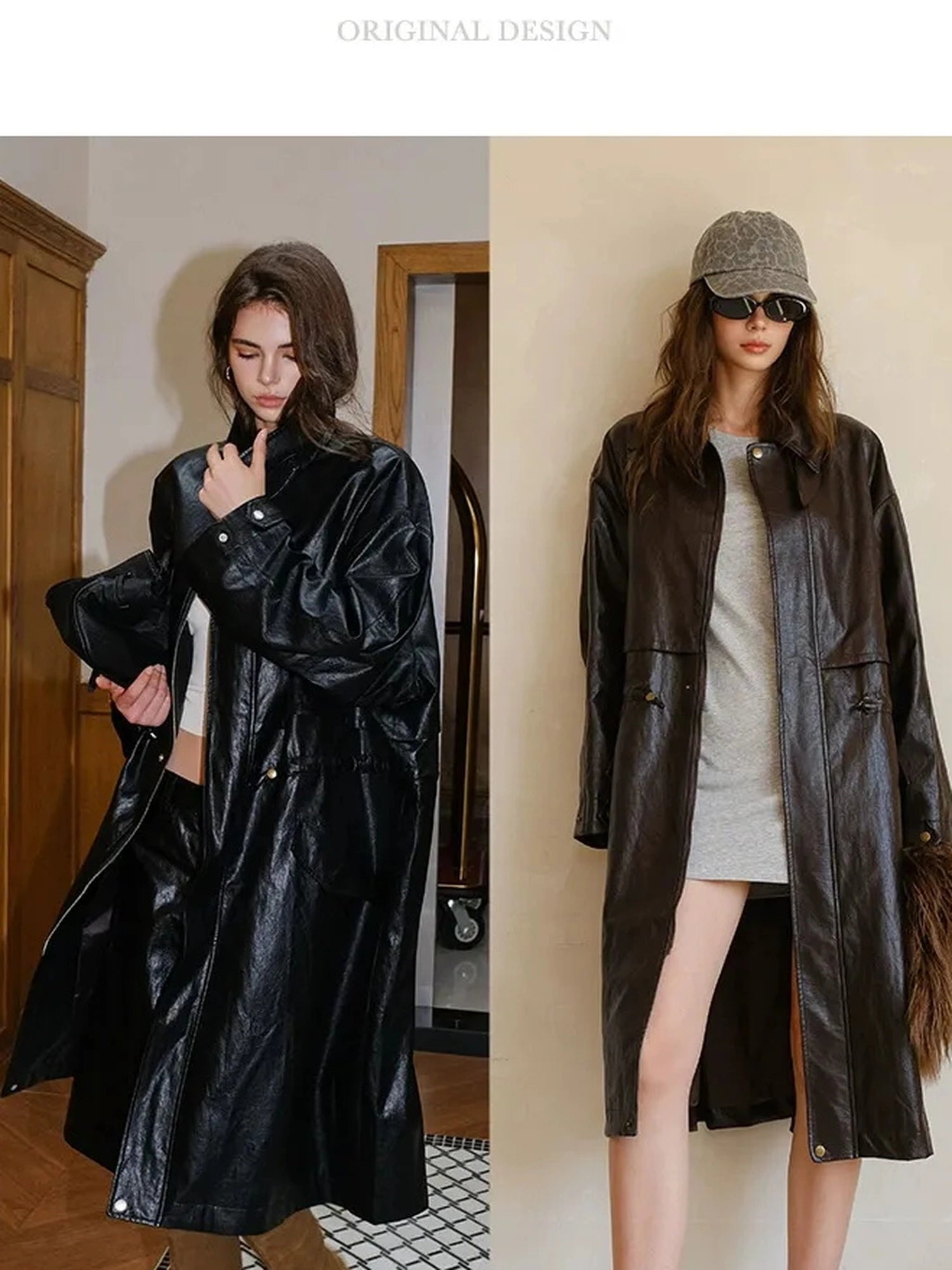 FU FRESH UP Vintage Waxed Pu Trench Coat With Waist Tie