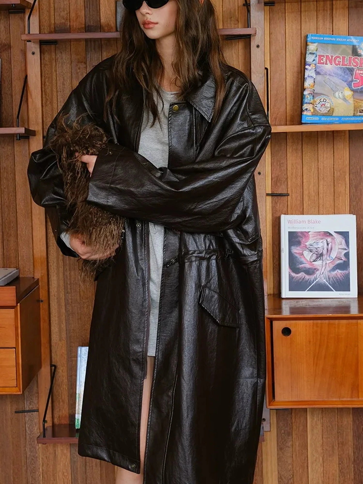 FU FRESH UP Vintage Waxed Pu Trench Coat With Waist Tie