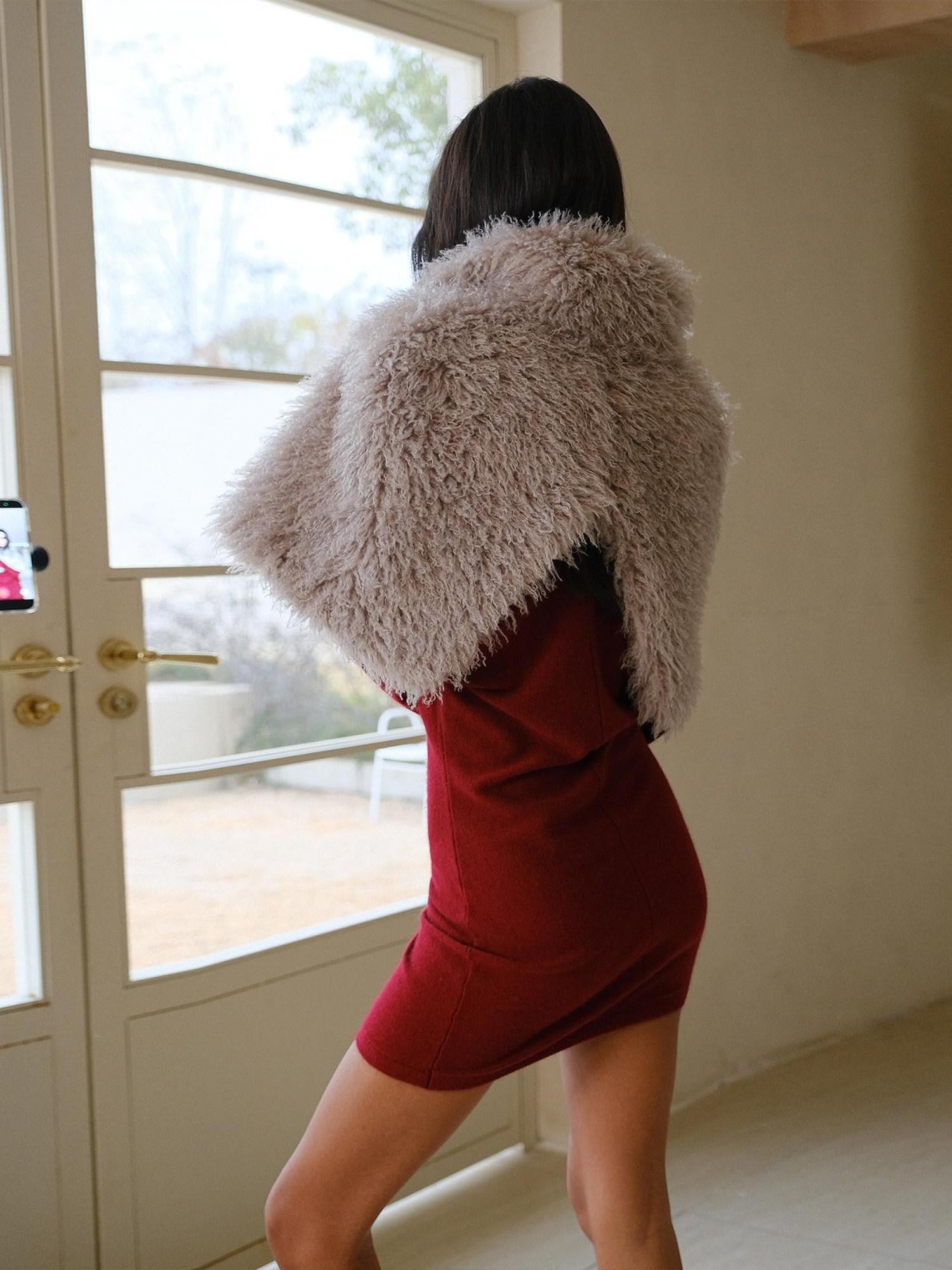 FU FRESH UP Warm Faux Lambswool Stand Collar Cape Women&