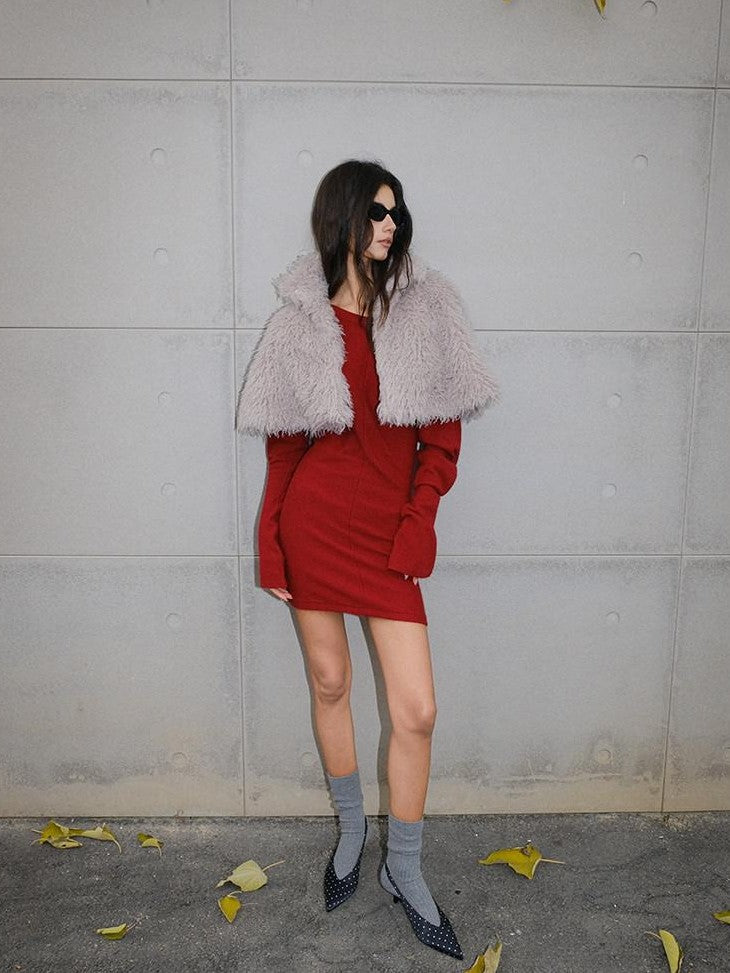 FU FRESH UP Warm Faux Lambswool Stand Collar Cape Women&