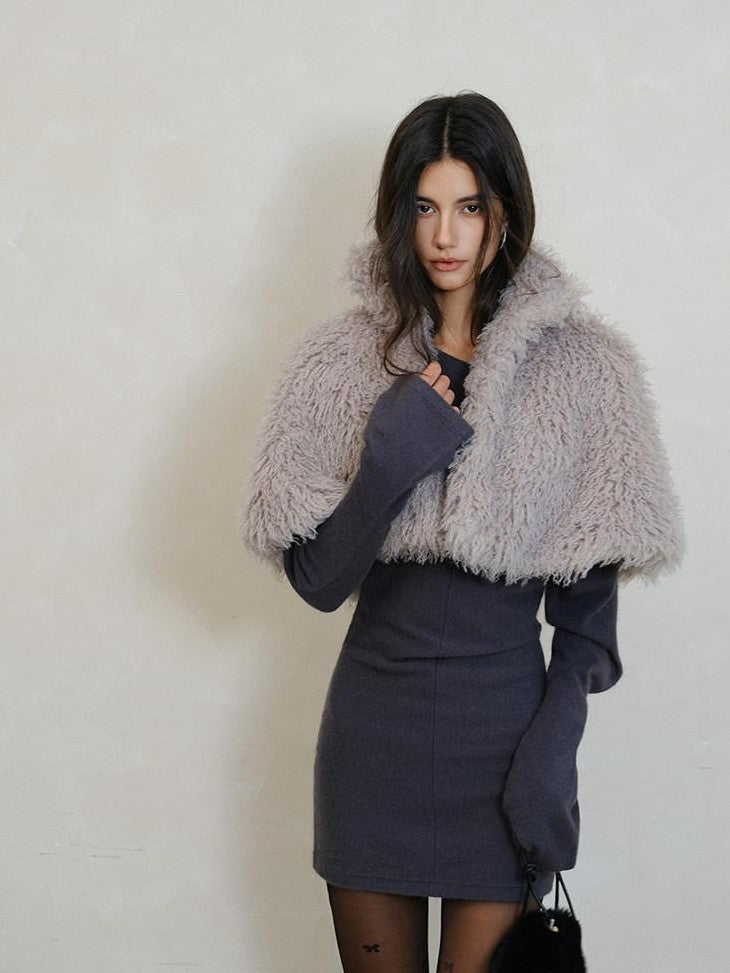 FU FRESH UP Warm Faux Lambswool Stand Collar Cape Women&