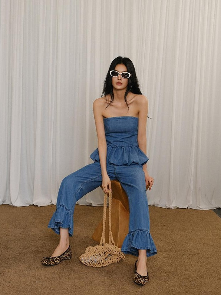 FU FRESH UP Washed Denim Ruffle Peplum Women&