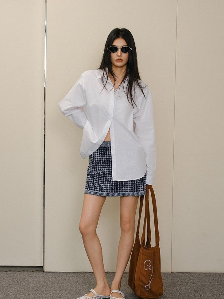 FU FRESH UP White Pleated Button Collar Loose Long Sleeve Women&