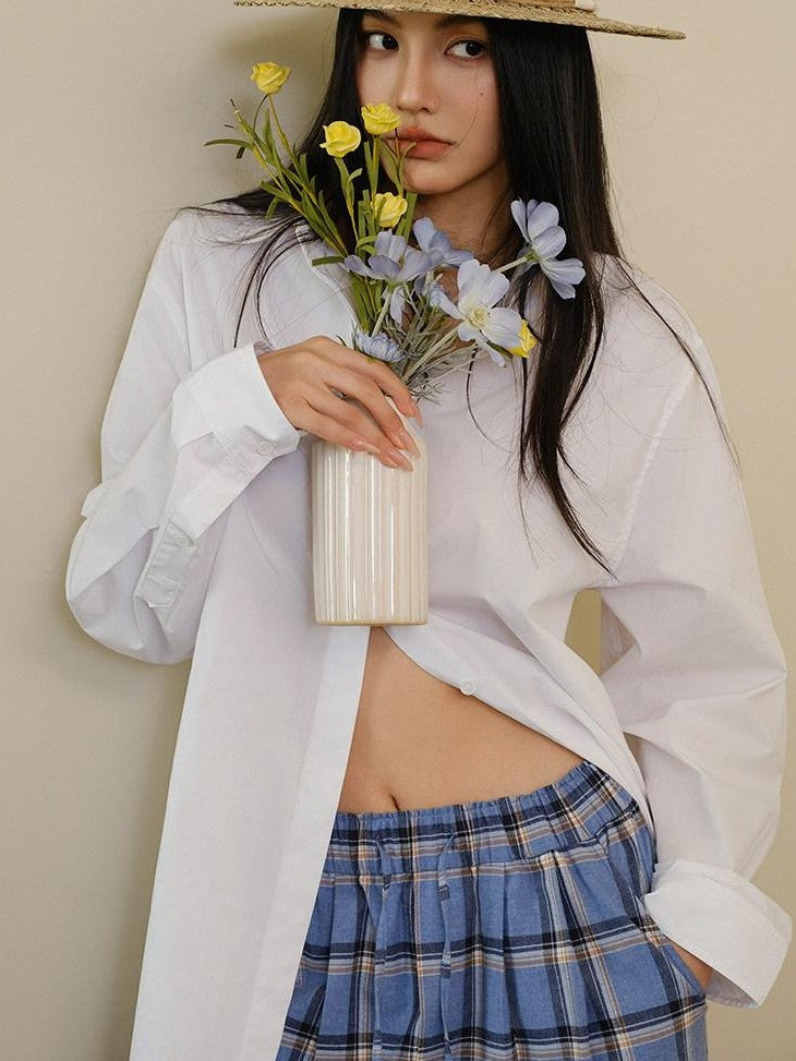 FU FRESH UP White Pleated Button Collar Loose Long Sleeve Women&