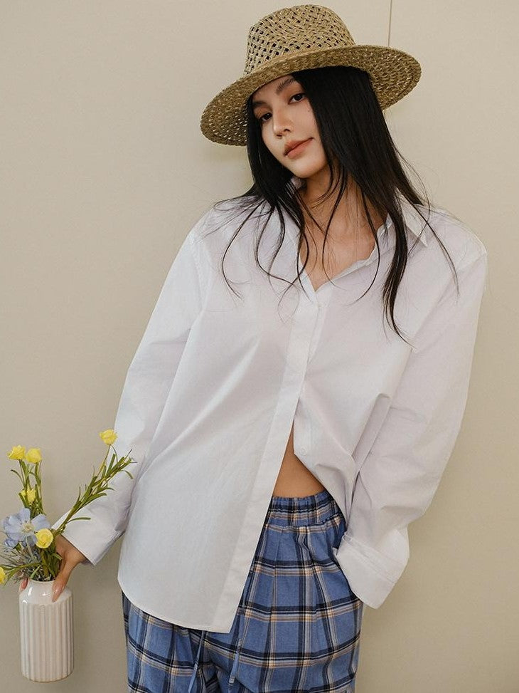 FU FRESH UP White Pleated Button Collar Loose Long Sleeve Women&