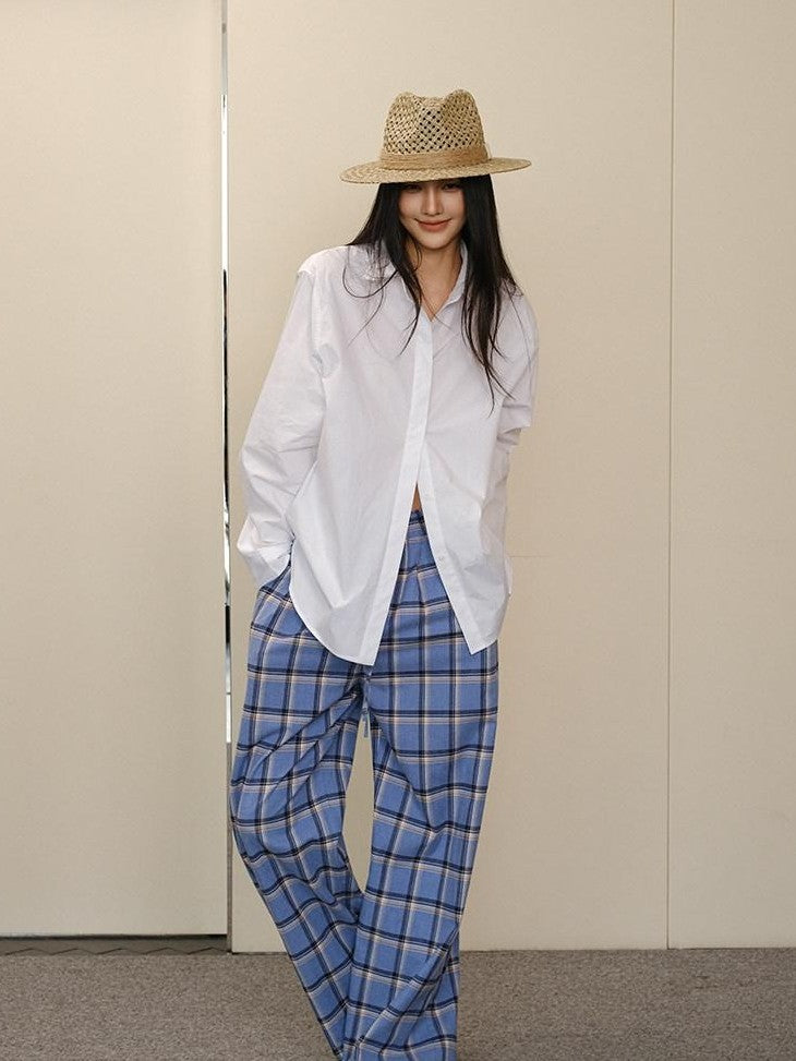 FU FRESH UP White Pleated Button Collar Loose Long Sleeve Women&