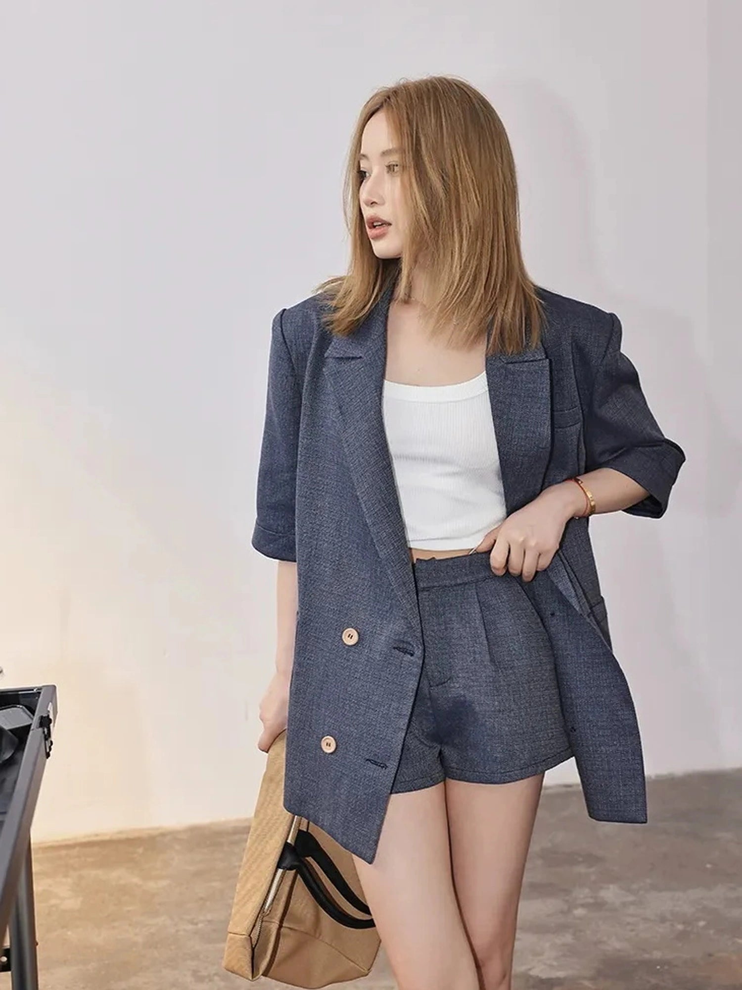 FU FRESH UP Woven Linen V-neck Blazer Shorts Set