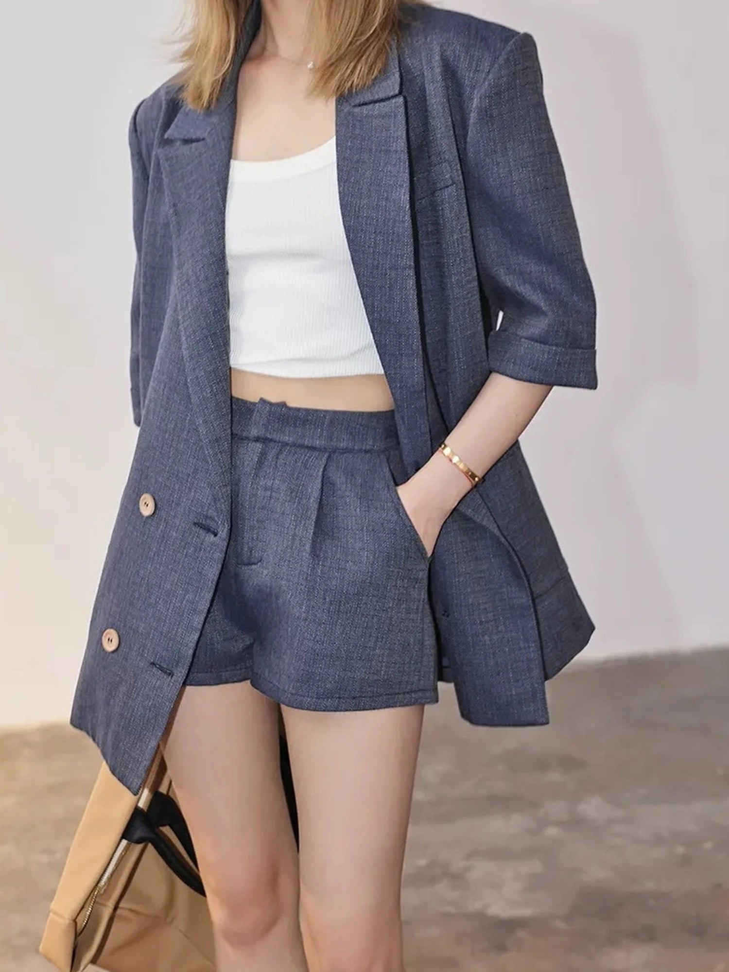 FU FRESH UP Woven Linen V-neck Blazer Shorts Set