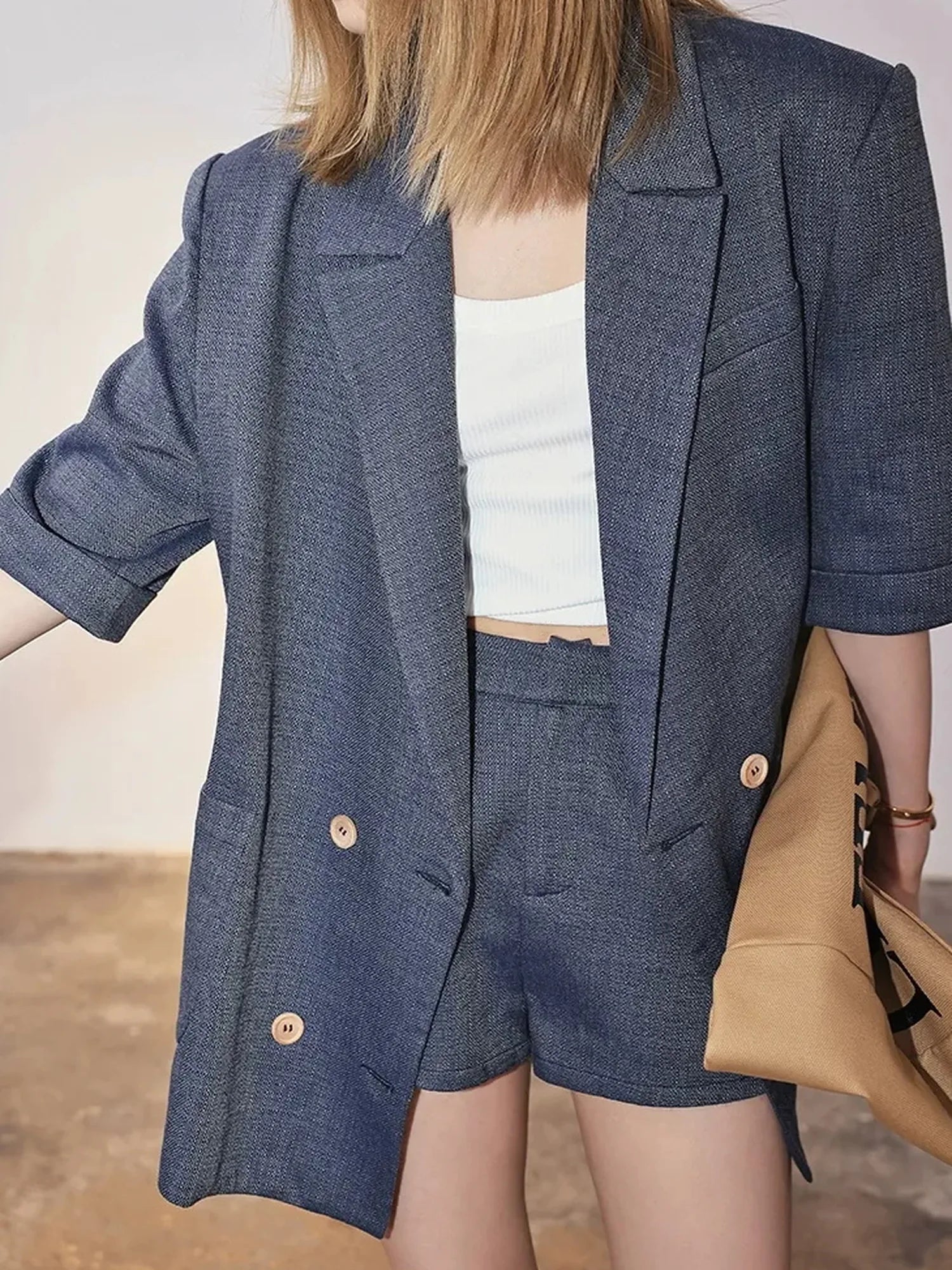 FU FRESH UP Woven Linen V-neck Blazer Shorts Set