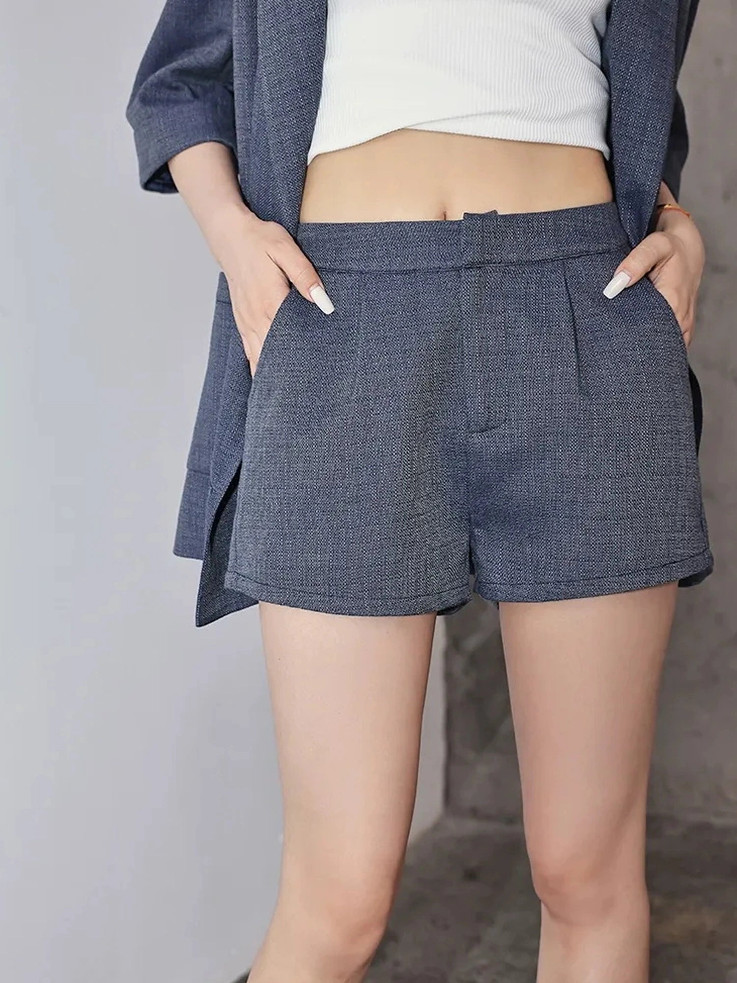 FU FRESH UP Woven Linen V-neck Blazer Shorts Set