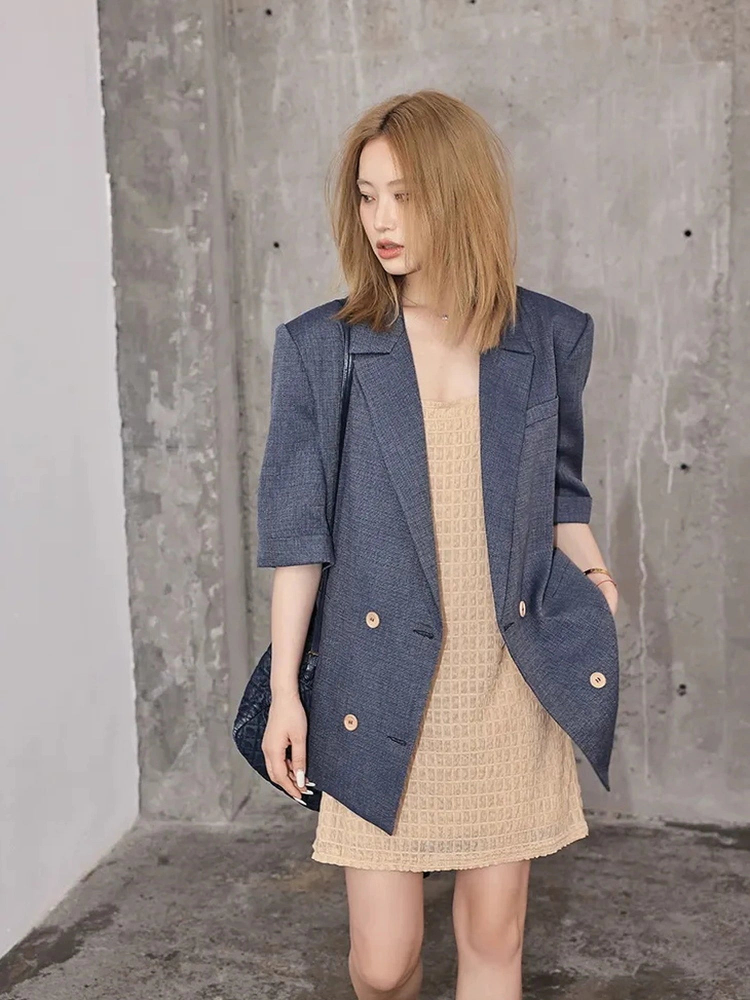 FU FRESH UP Woven Linen V-neck Blazer Shorts Set