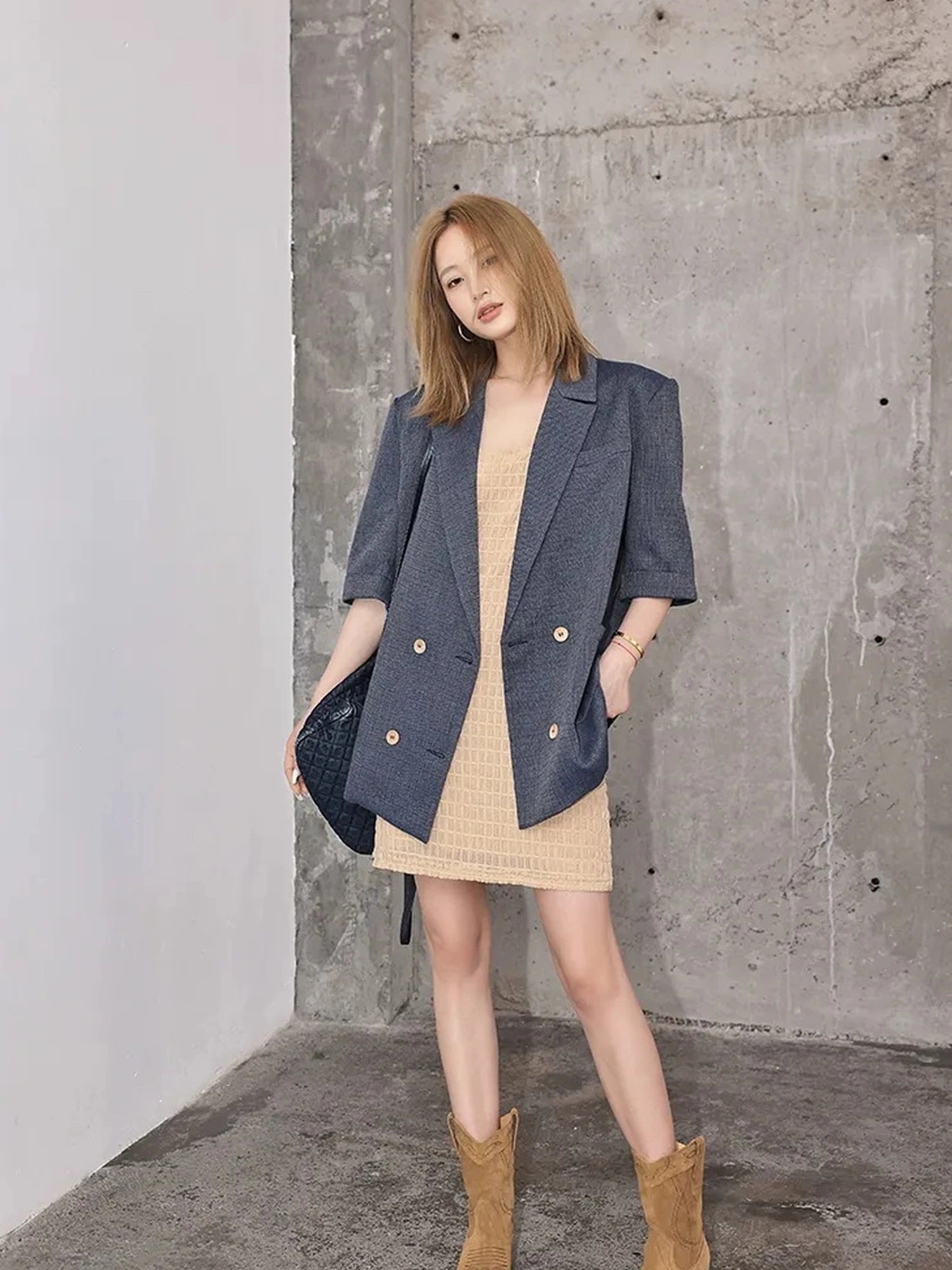 FU FRESH UP Woven Linen V-neck Blazer Shorts Set
