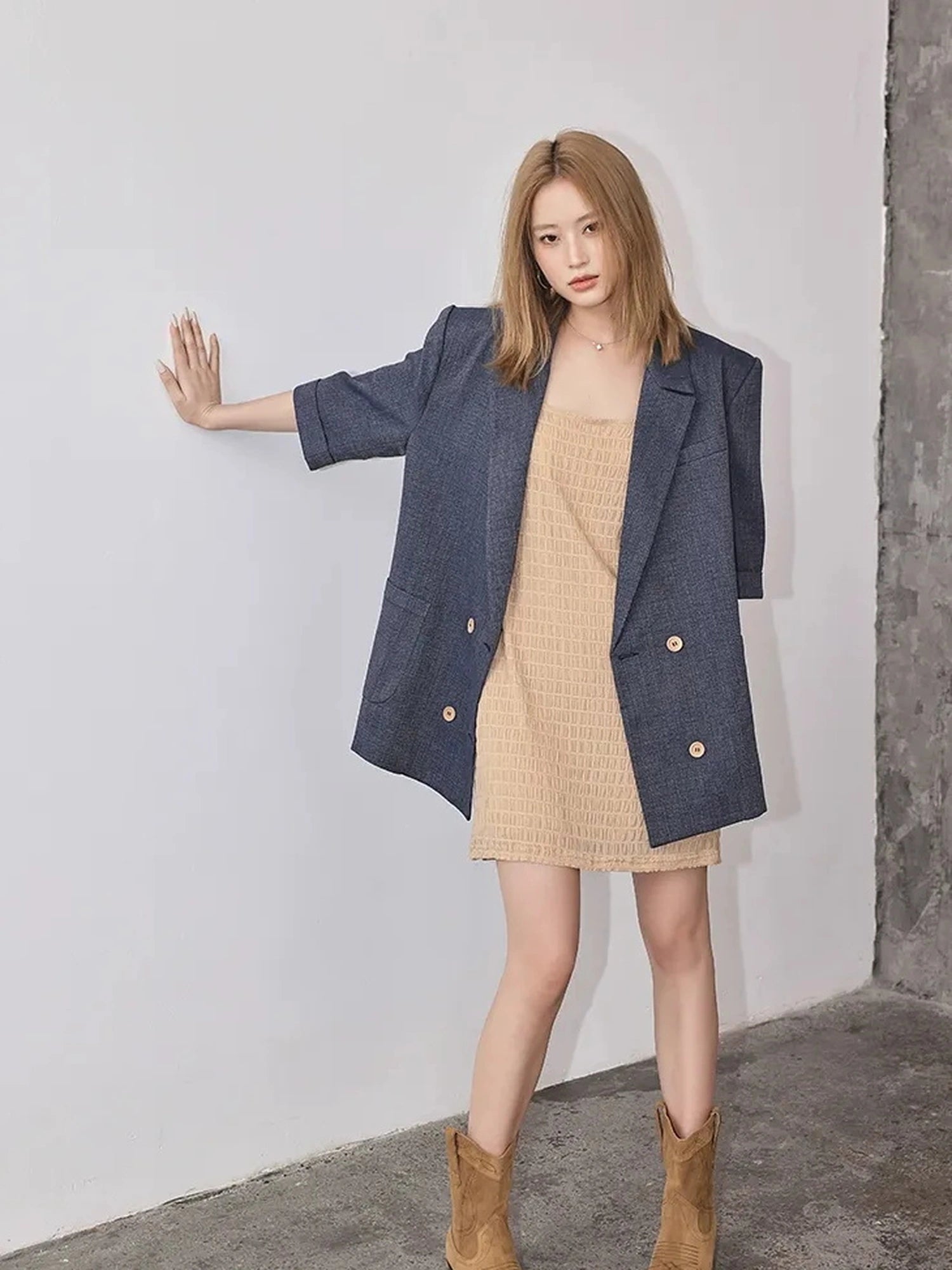FU FRESH UP Woven Linen V-neck Blazer Shorts Set