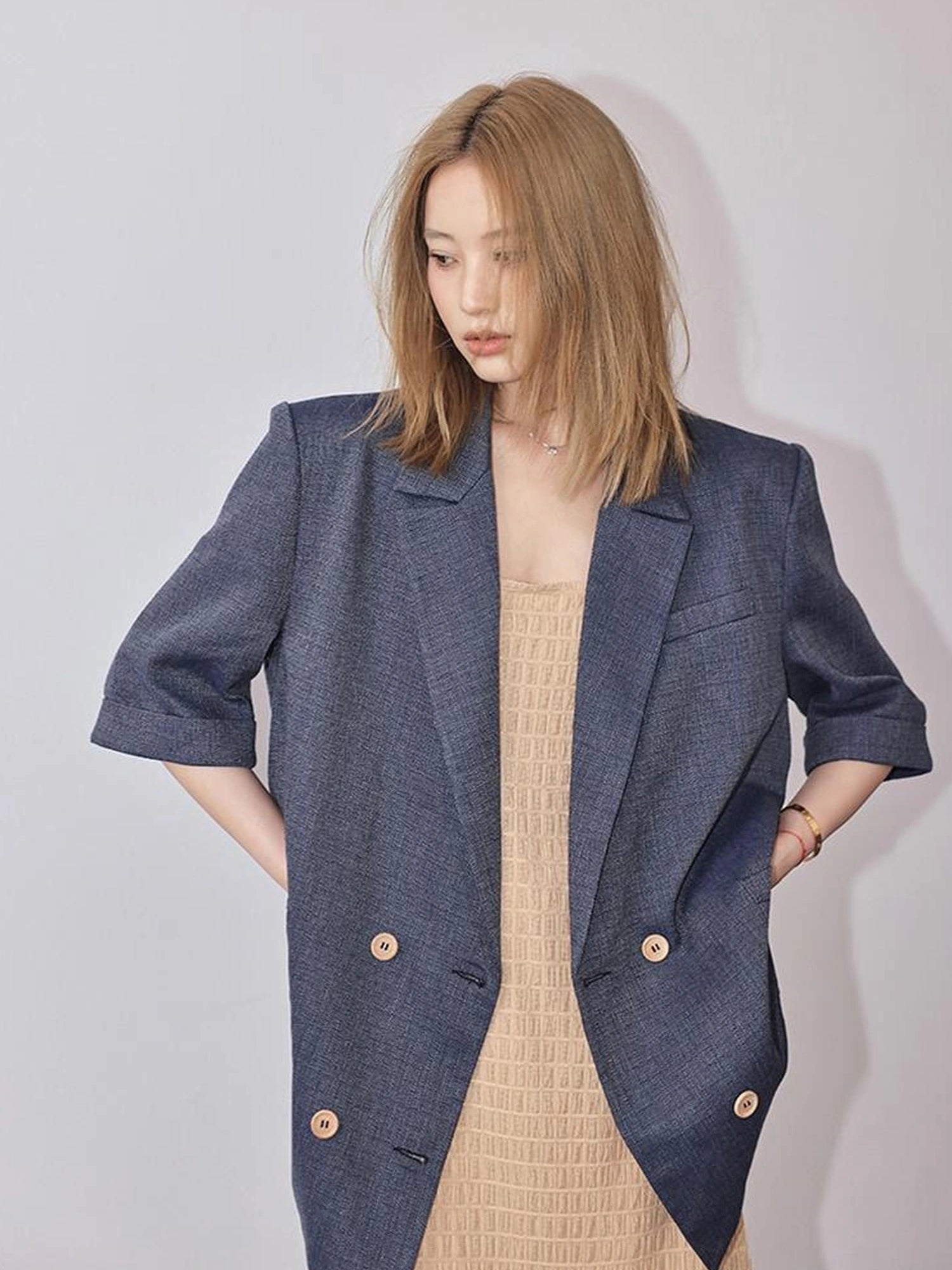 FU FRESH UP Woven Linen V-neck Blazer Shorts Set