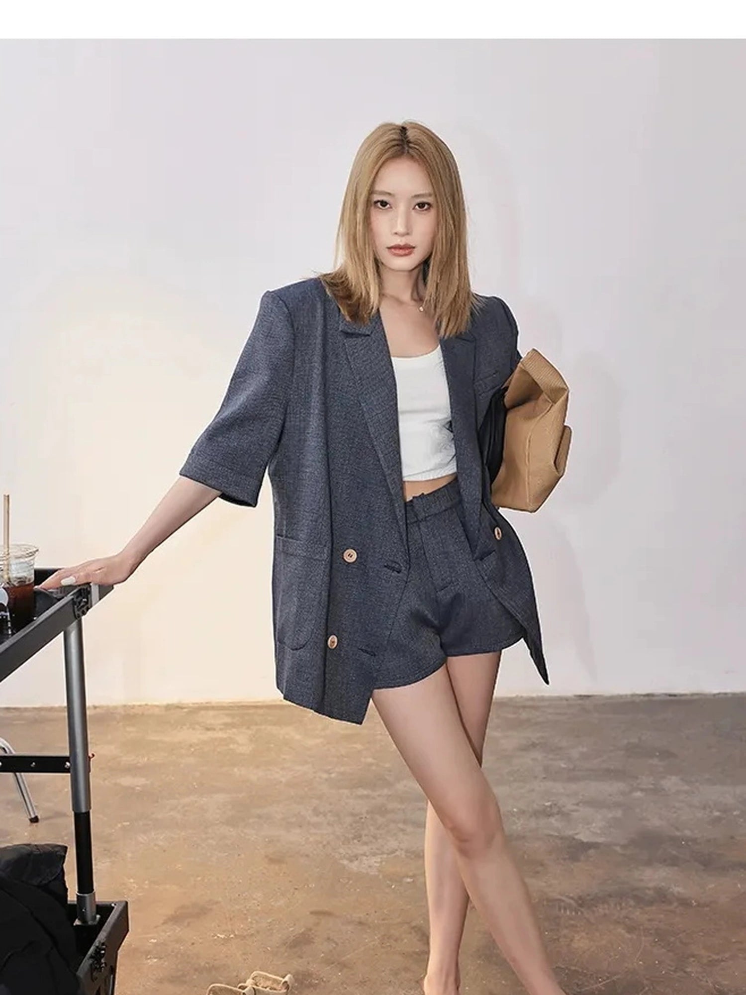 FU FRESH UP Woven Linen V-neck Blazer Shorts Set