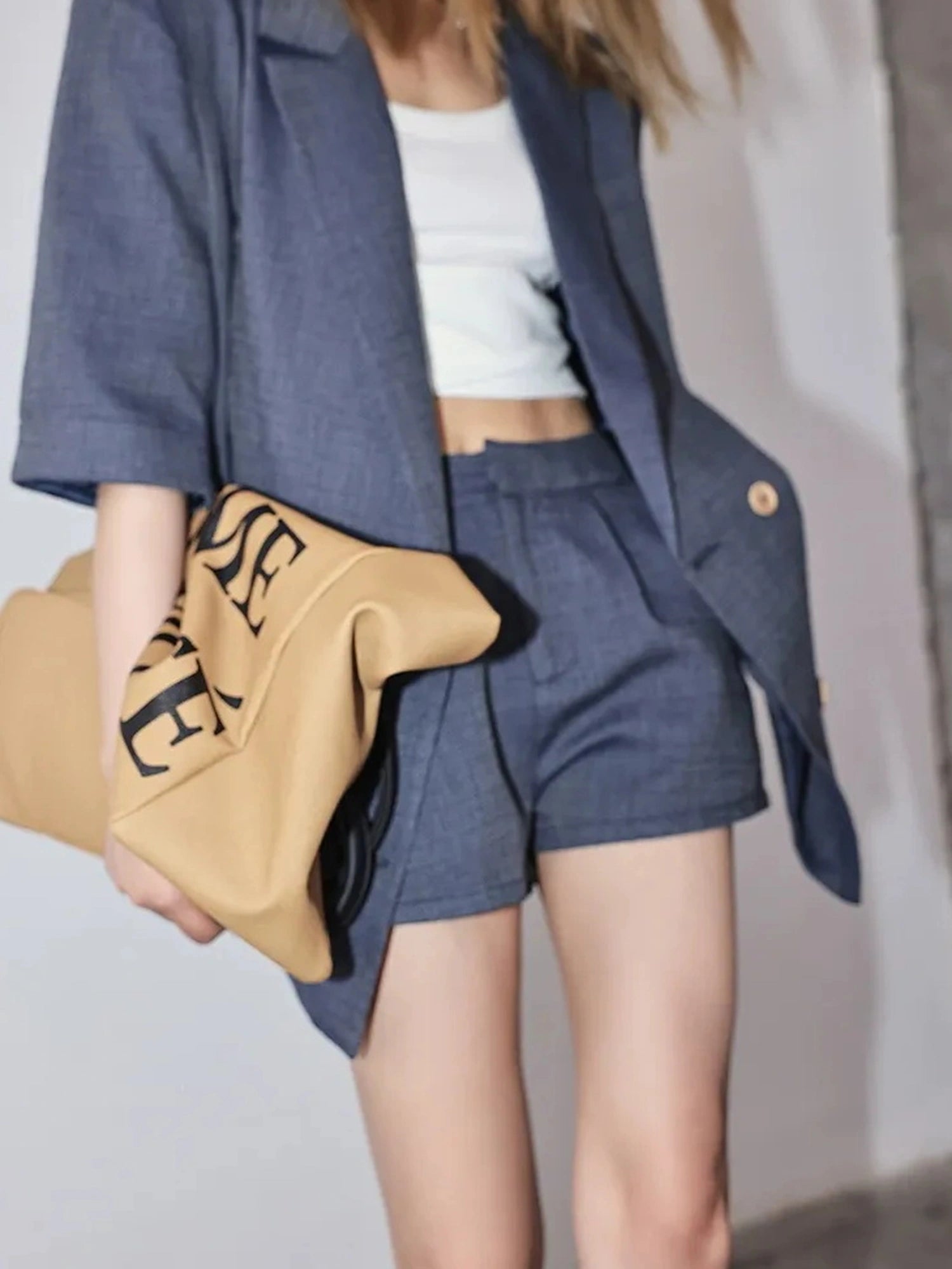 FU FRESH UP Woven Linen V-neck Blazer Shorts Set
