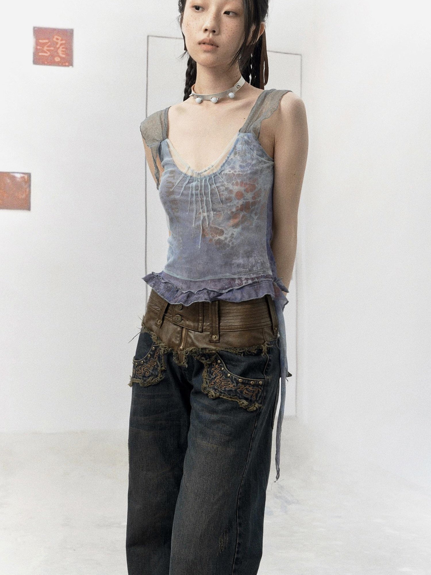 Flowers birds Market Fabric Splicing Printed Mesh Sling