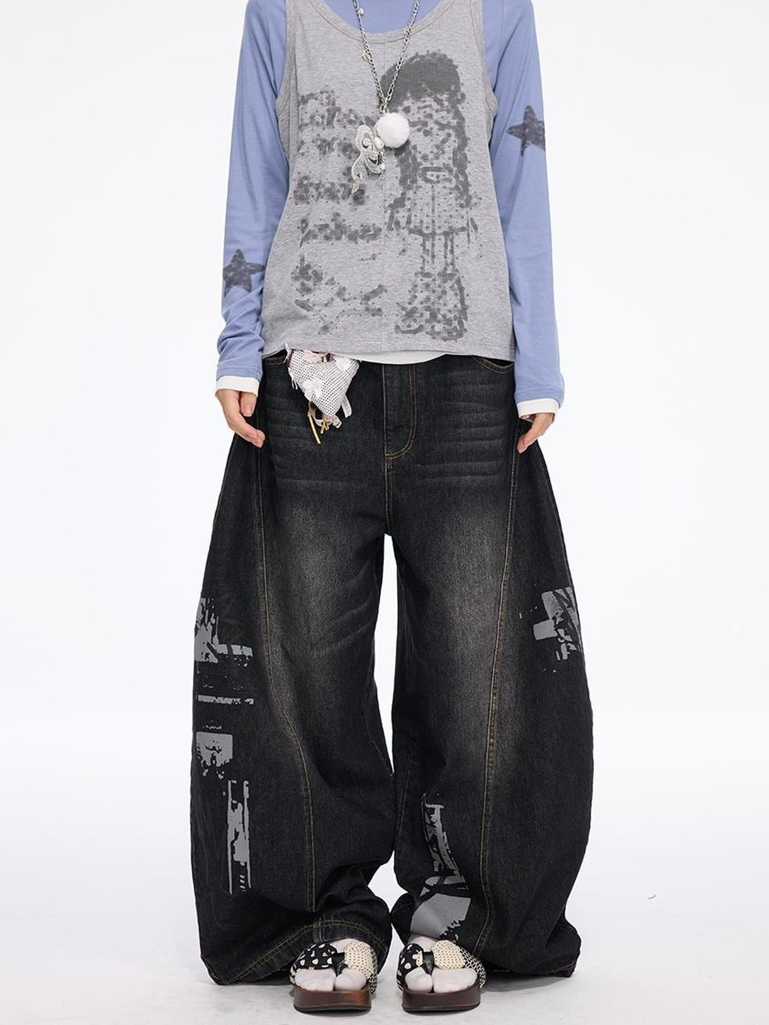 MOMSYCAN FOX LINE Faded Wash Wide Leg Cropped Jeans Autumn Original