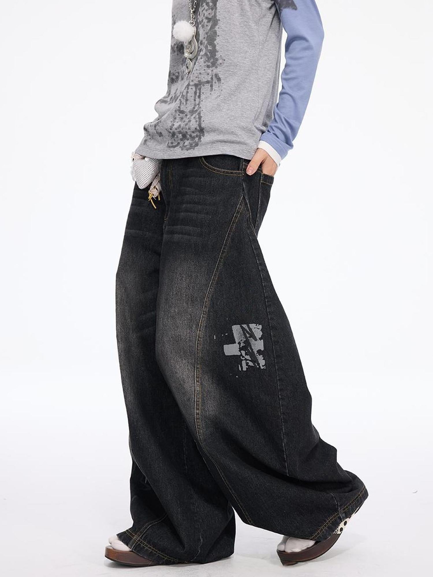 MOMSYCAN FOX LINE Faded Wash Wide Leg Cropped Jeans Autumn Original