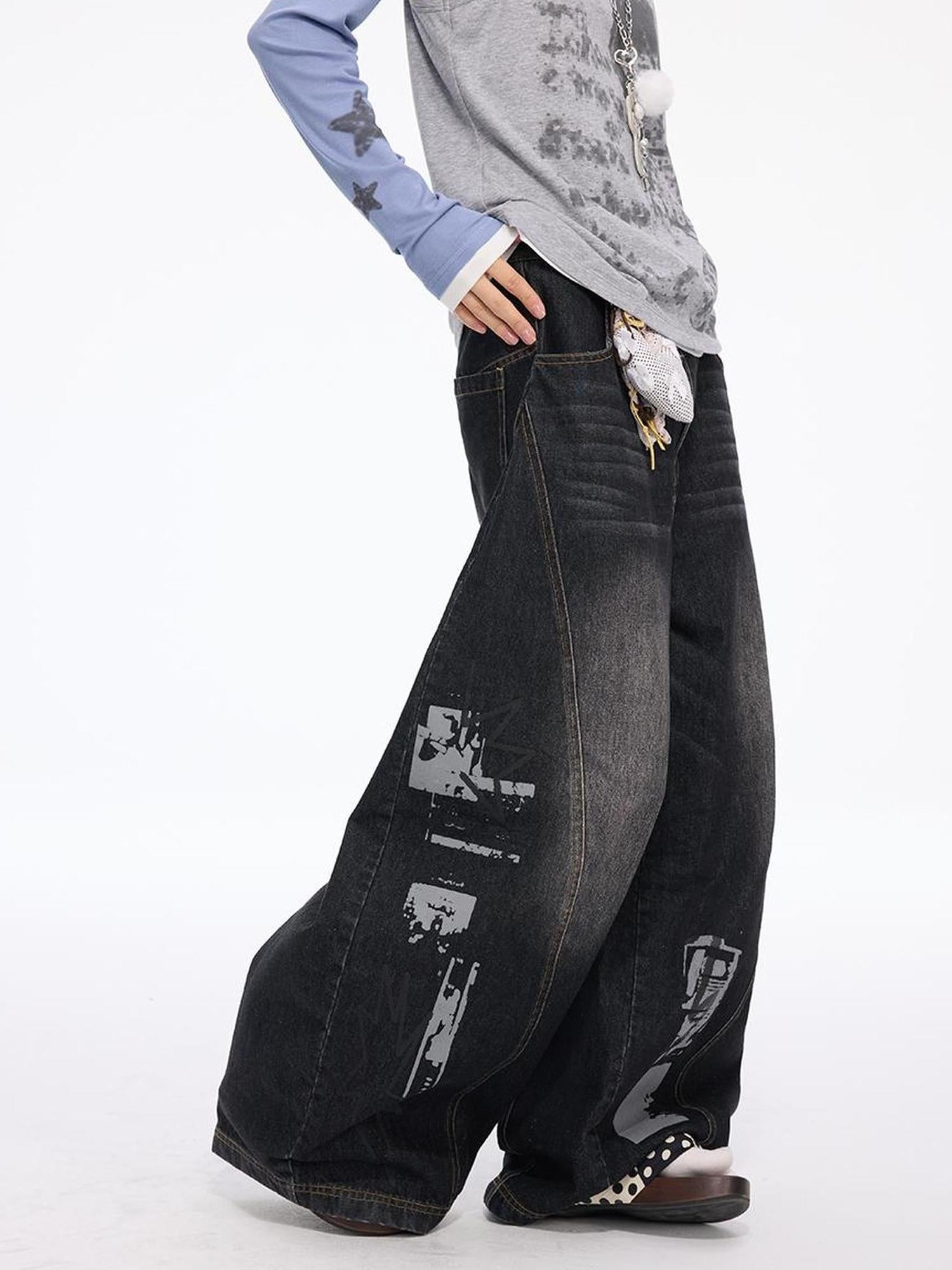 MOMSYCAN FOX LINE Faded Wash Wide Leg Cropped Jeans Autumn Original