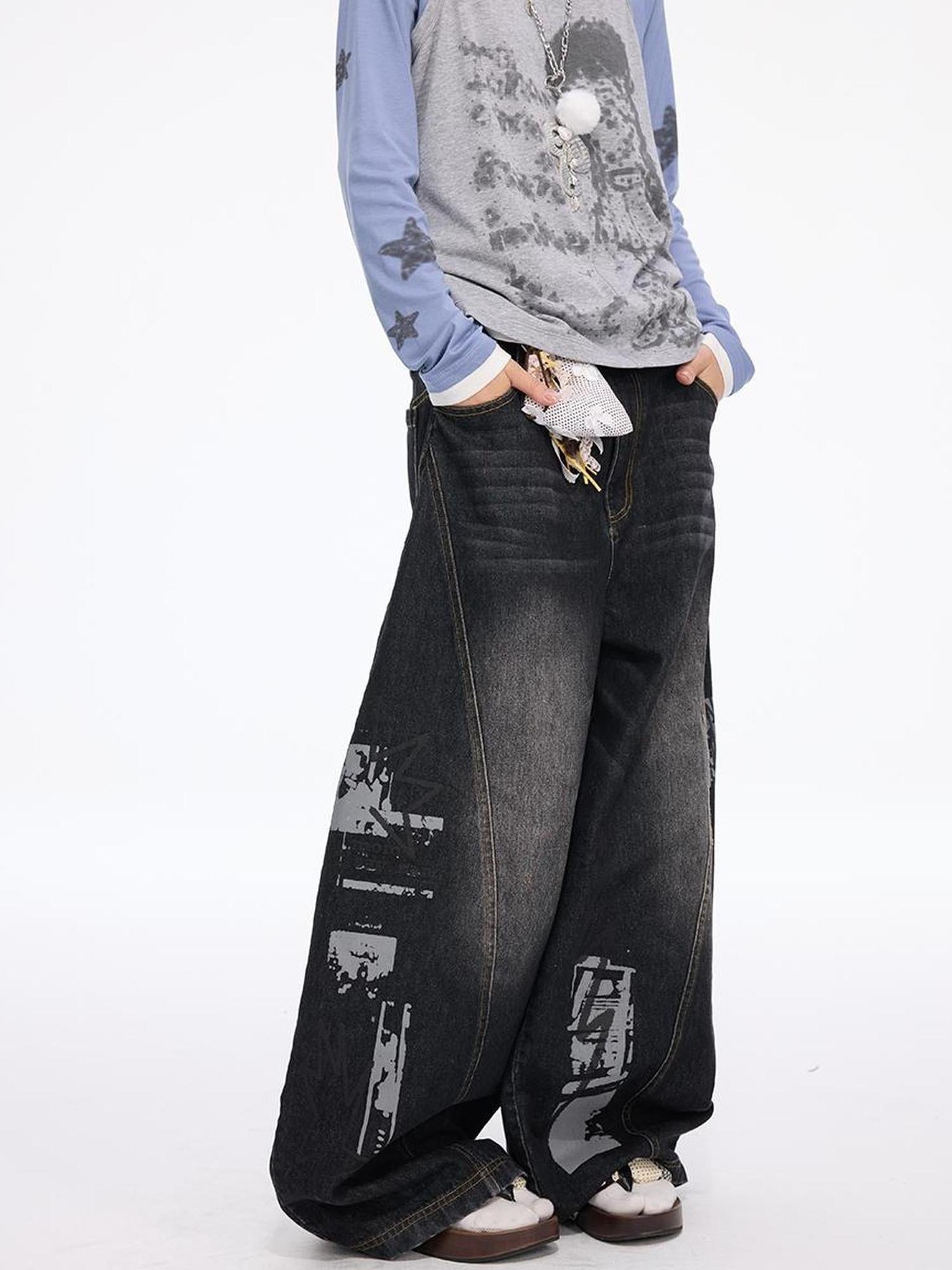 MOMSYCAN FOX LINE Faded Wash Wide Leg Cropped Jeans Autumn Original