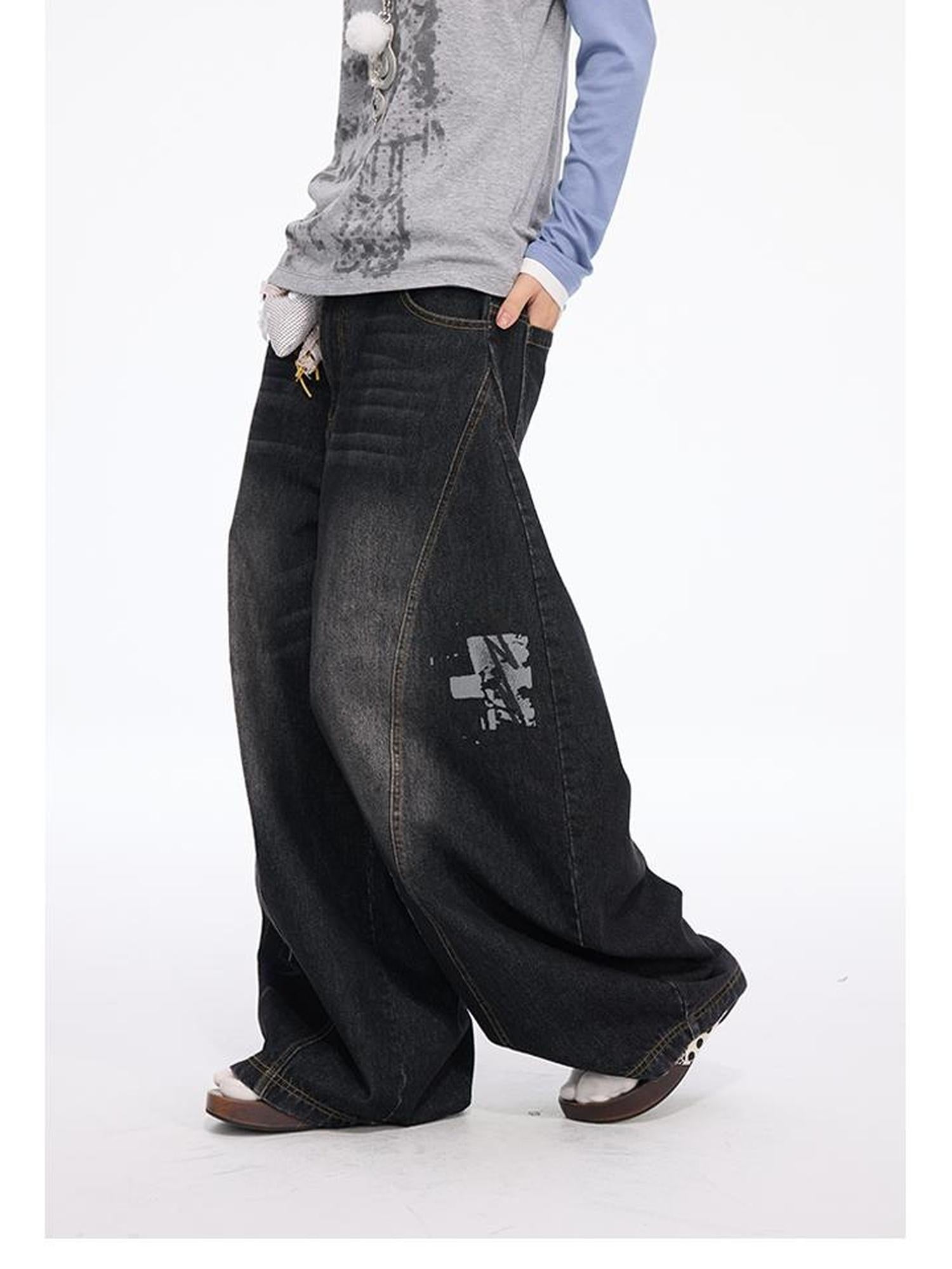 MOMSYCAN FOX LINE Faded Wash Wide Leg Cropped Jeans Autumn Original