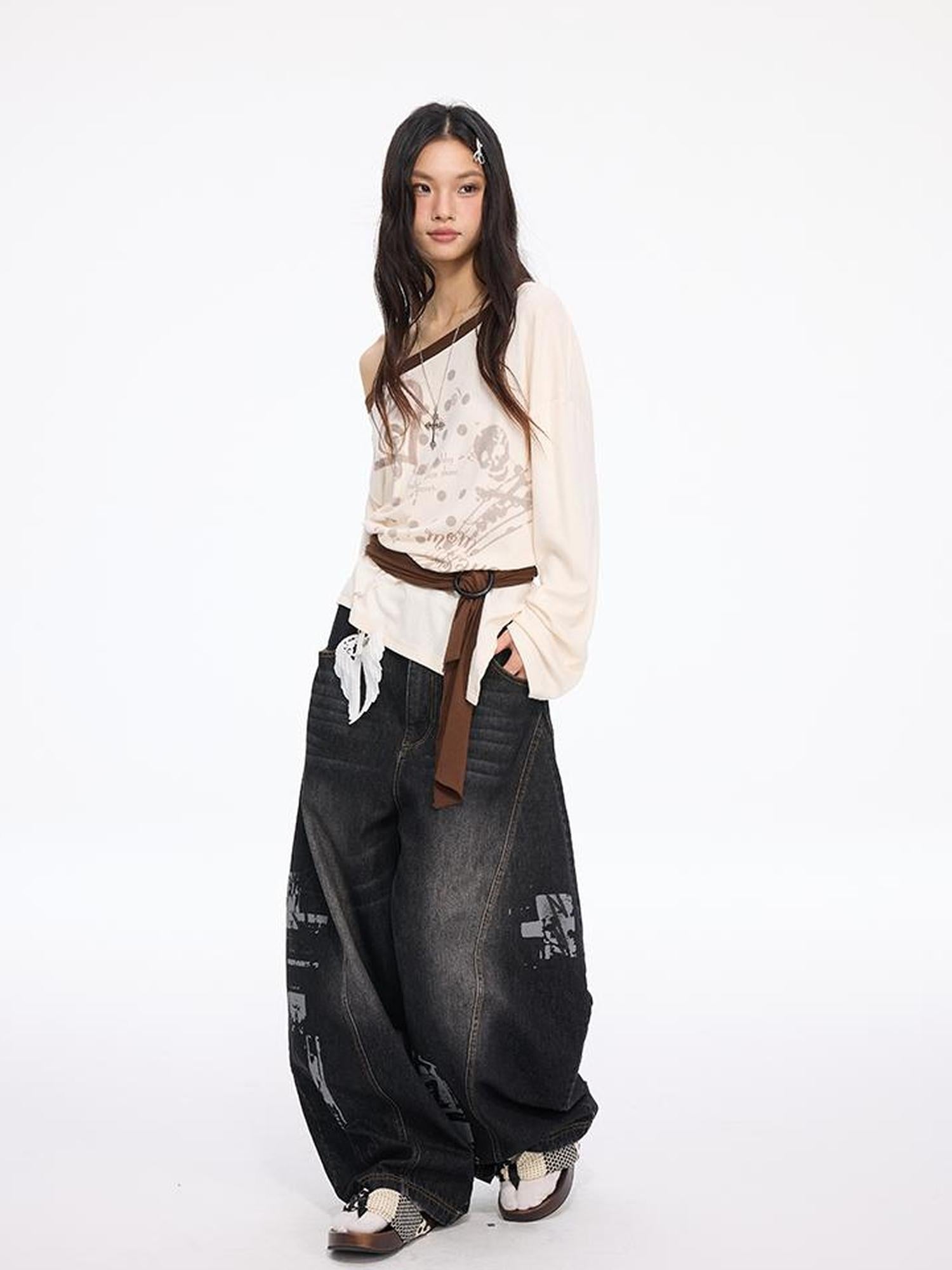 MOMSYCAN FOX LINE Faded Wash Wide Leg Cropped Jeans Autumn Original