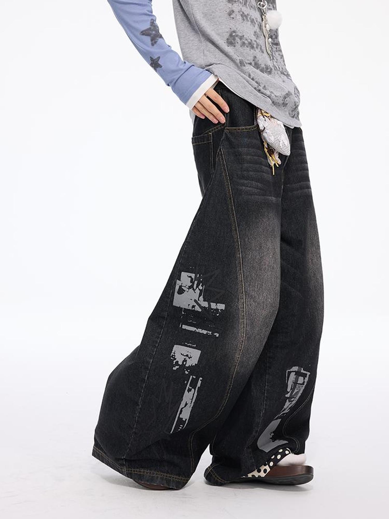 MOMSYCAN FOX LINE Faded Wash Wide Leg Cropped Jeans Autumn Original