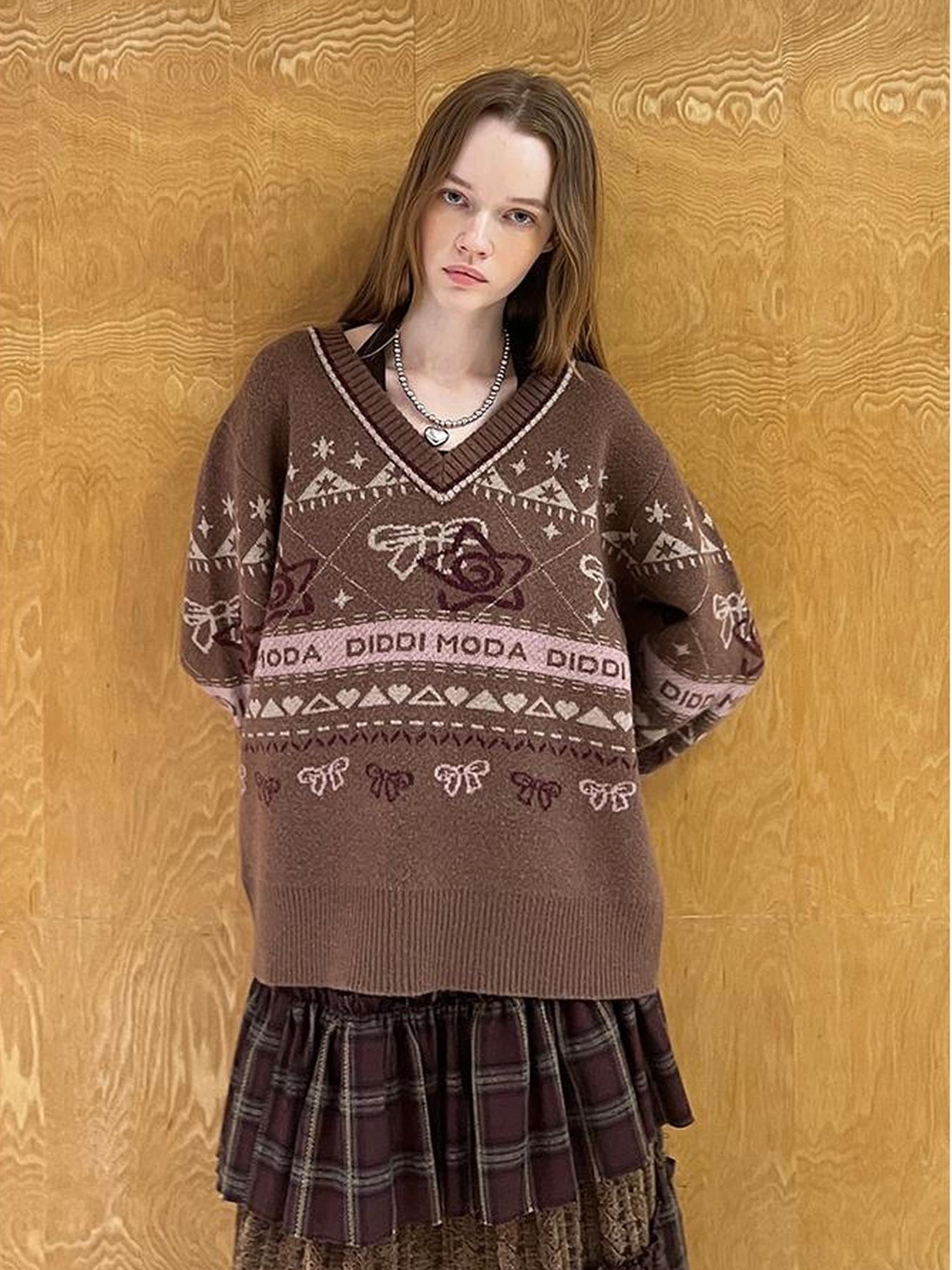 DIDDI MODA Fair Isle Bow V Neck Knit Sweater
