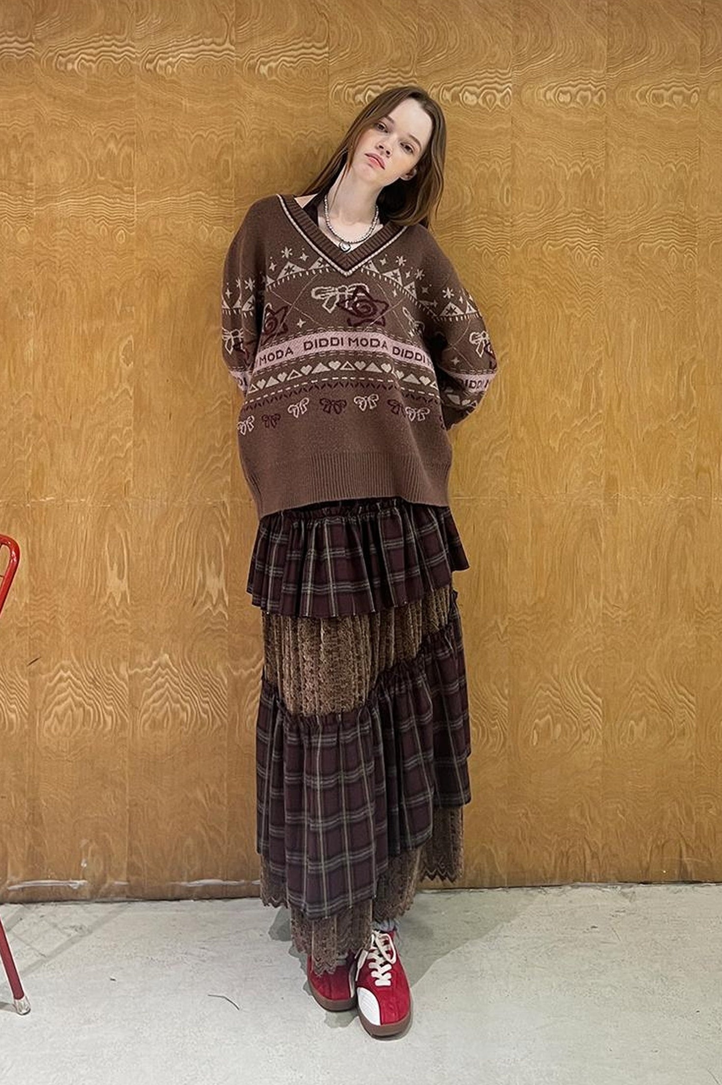 DIDDI MODA Fair Isle Bow V Neck Knit Sweater