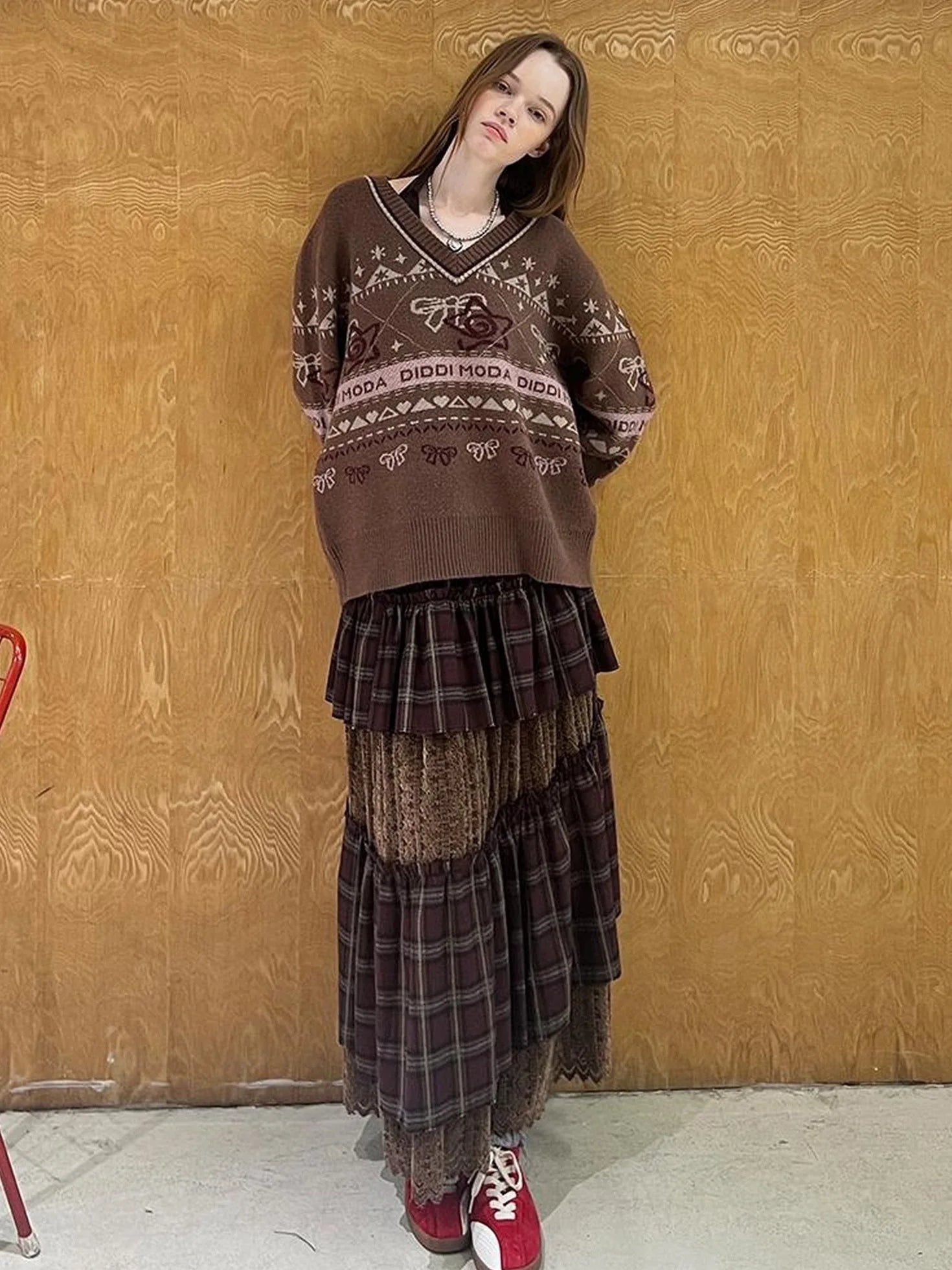 Fair Isle Bow V Neck Knit Sweater