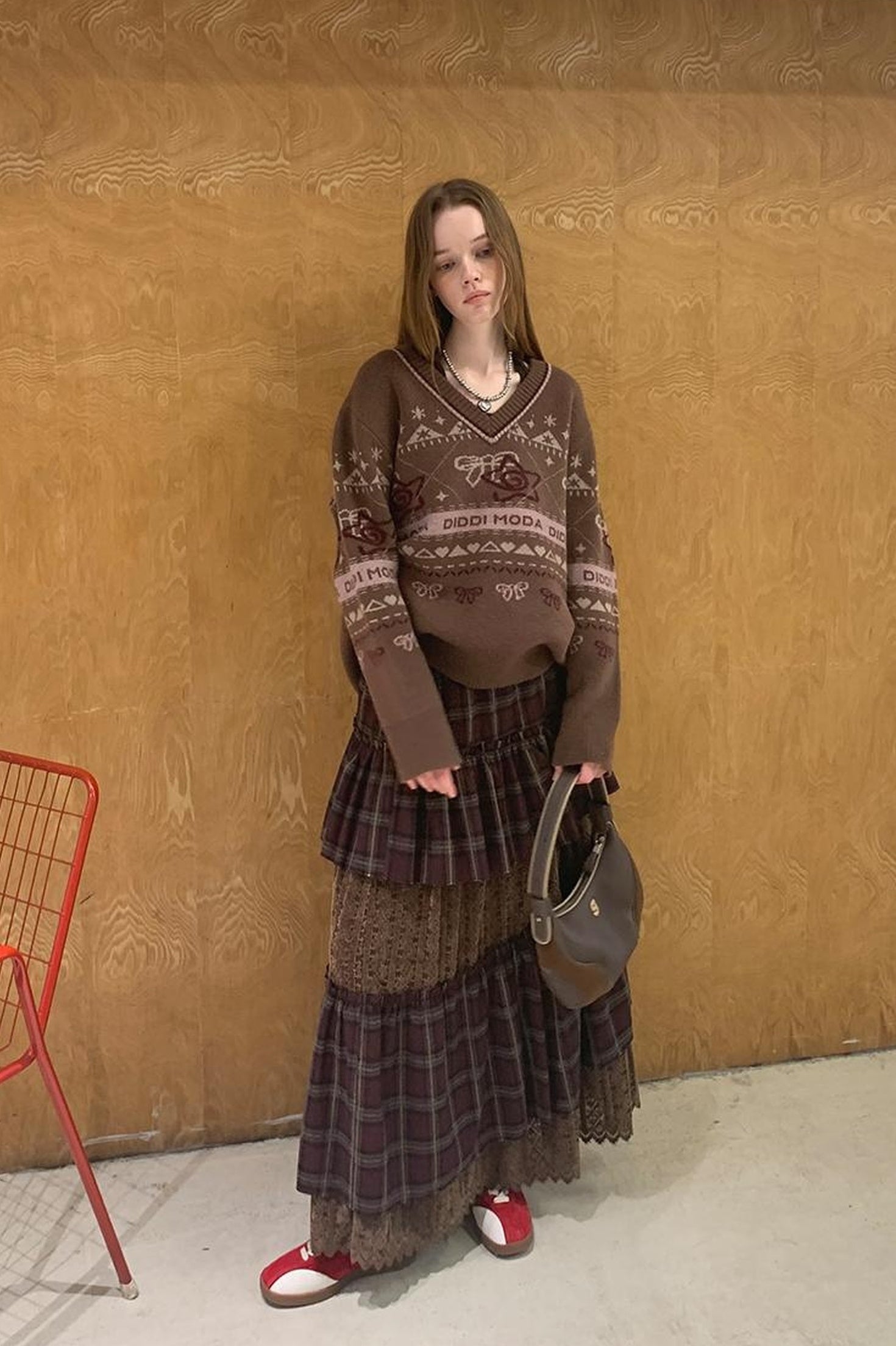 DIDDI MODA Fair Isle Bow V Neck Knit Sweater