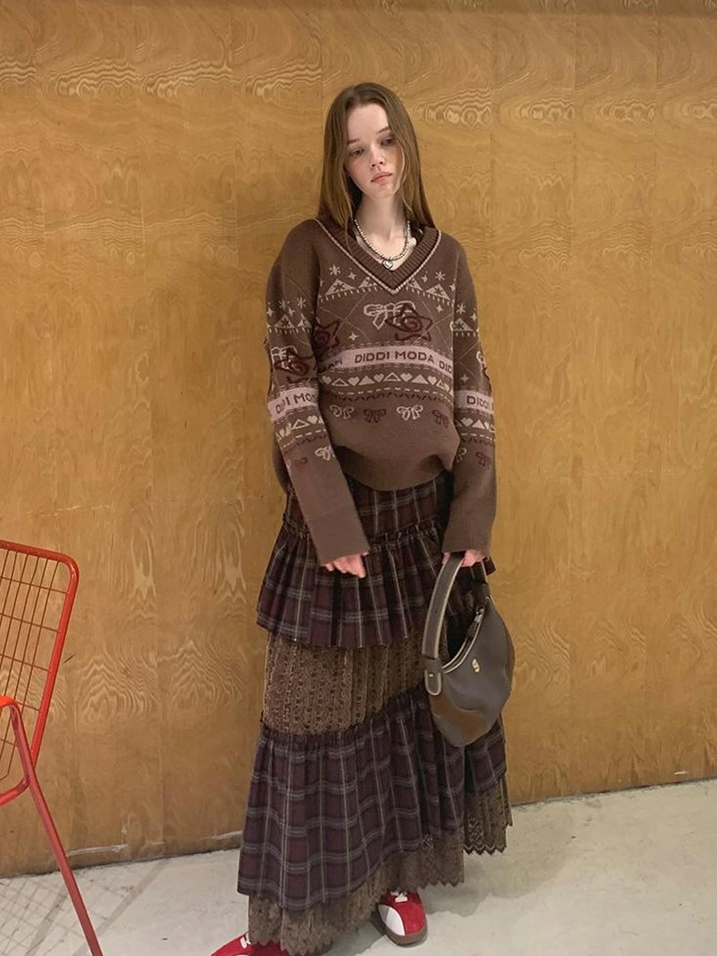 Fair Isle Bow V Neck Knit Sweater