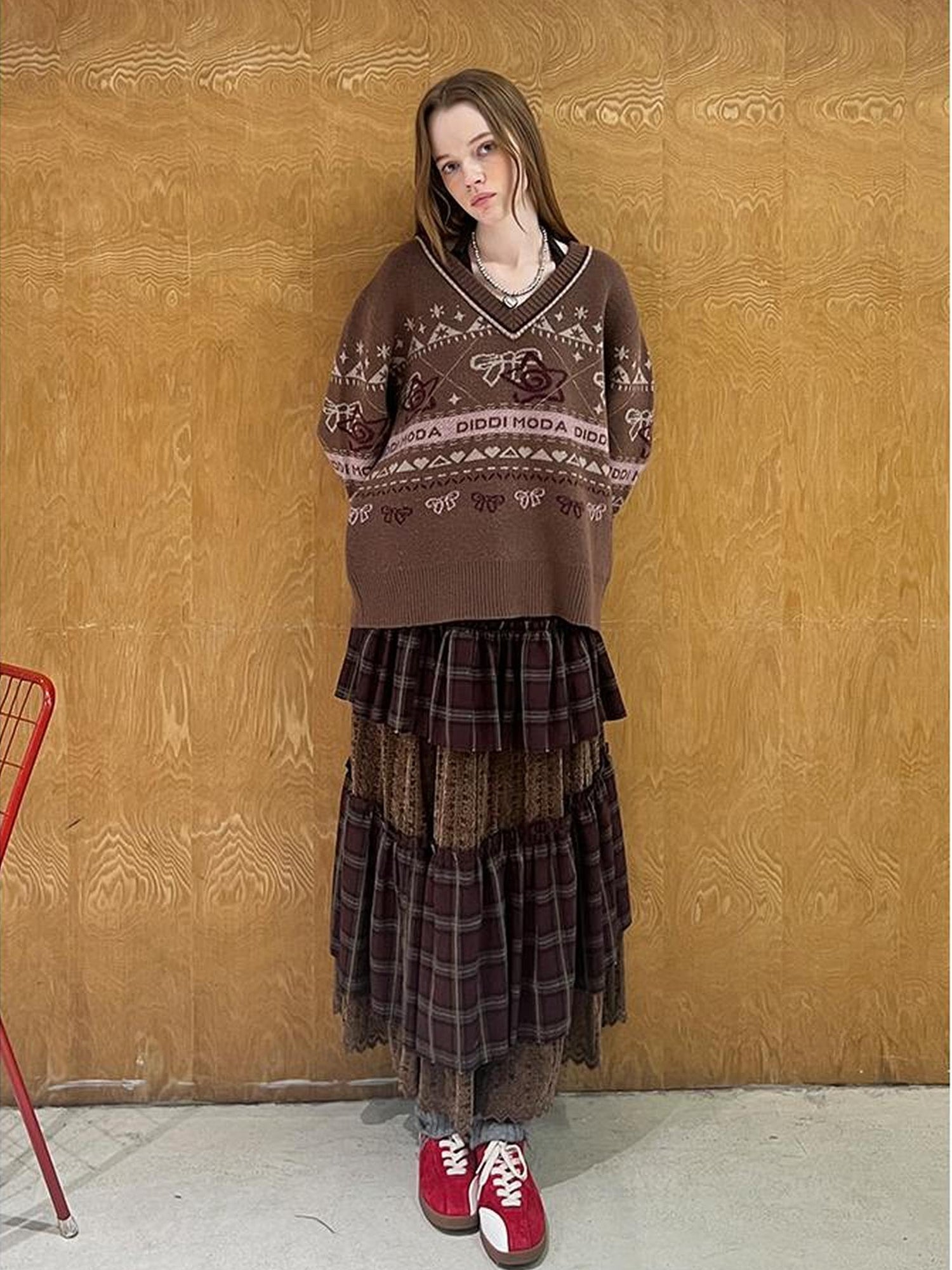 DIDDI MODA Fair Isle Bow V Neck Knit Sweater