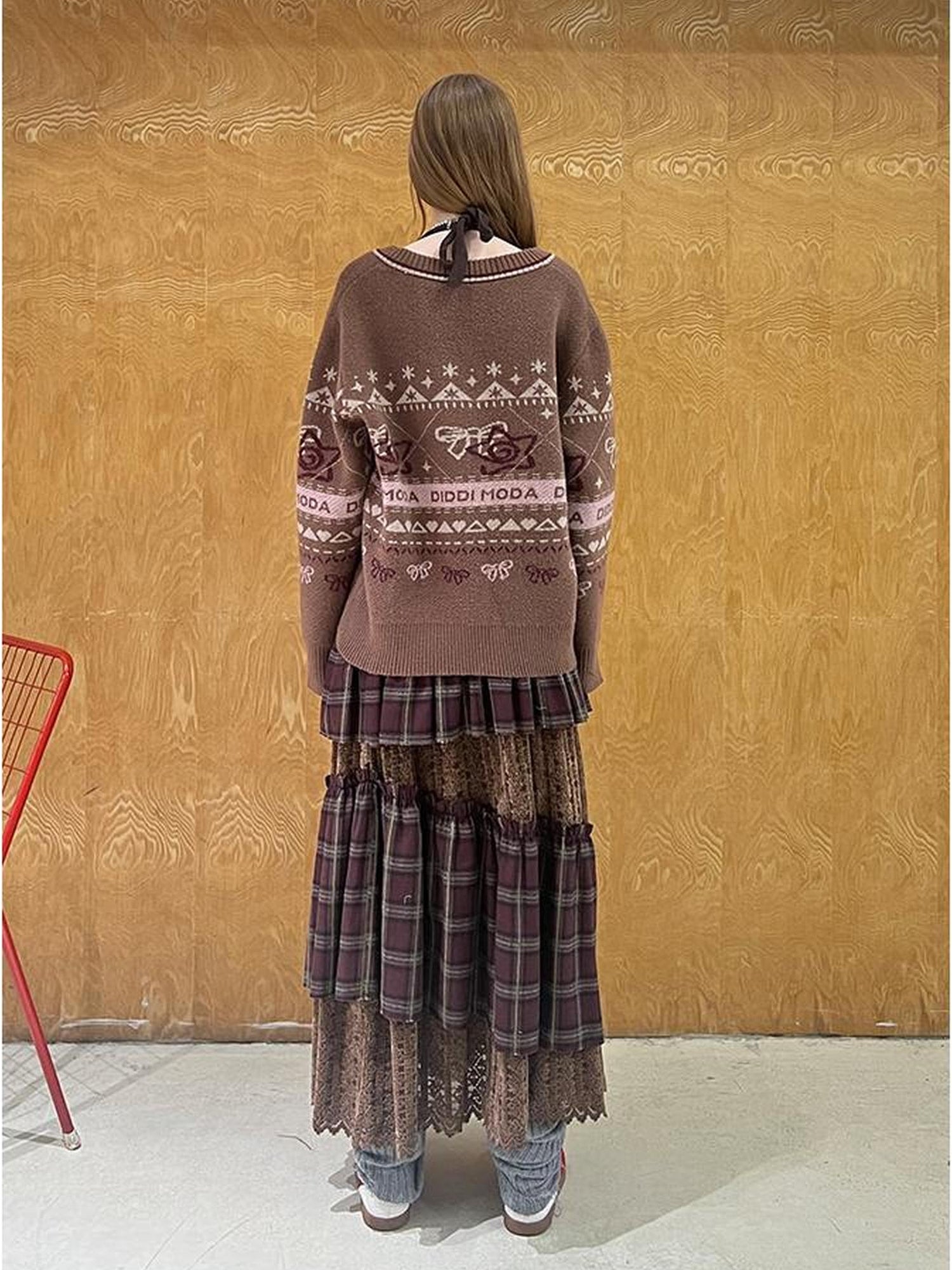 DIDDI MODA Fair Isle Bow V Neck Knit Sweater