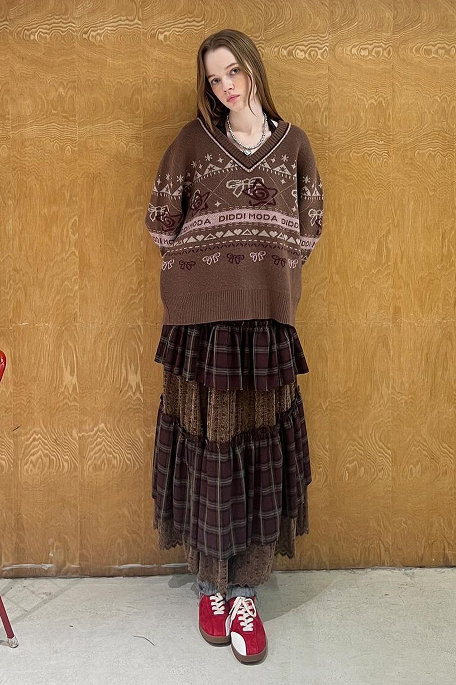 DIDDI MODA Fair Isle Bow V Neck Knit Sweater