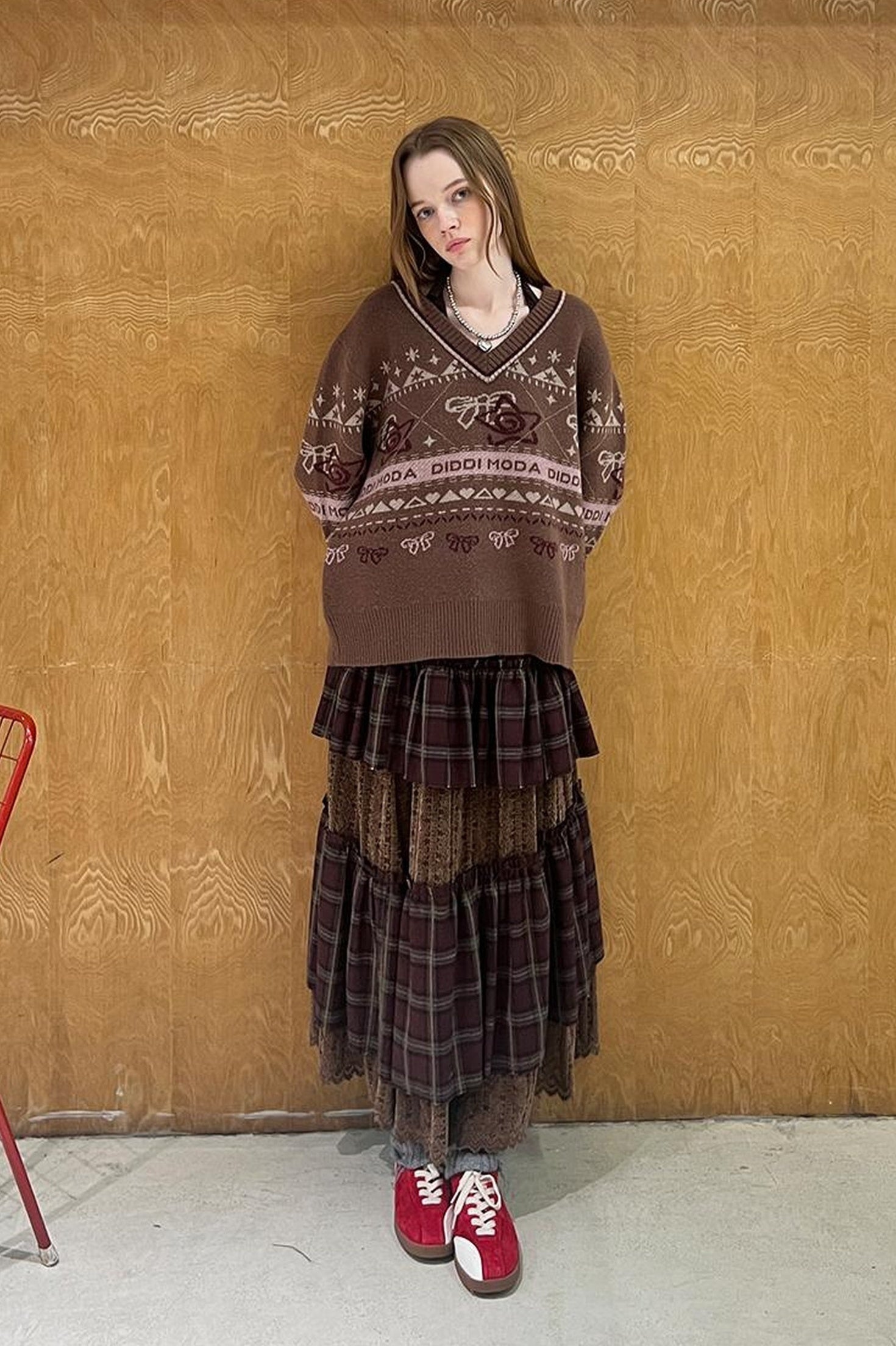DIDDI MODA Fair Isle Bow V Neck Knit Sweater