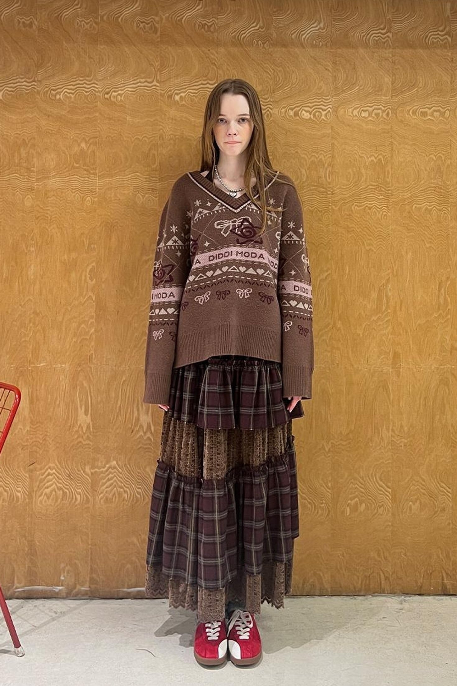 DIDDI MODA Fair Isle Bow V Neck Knit Sweater