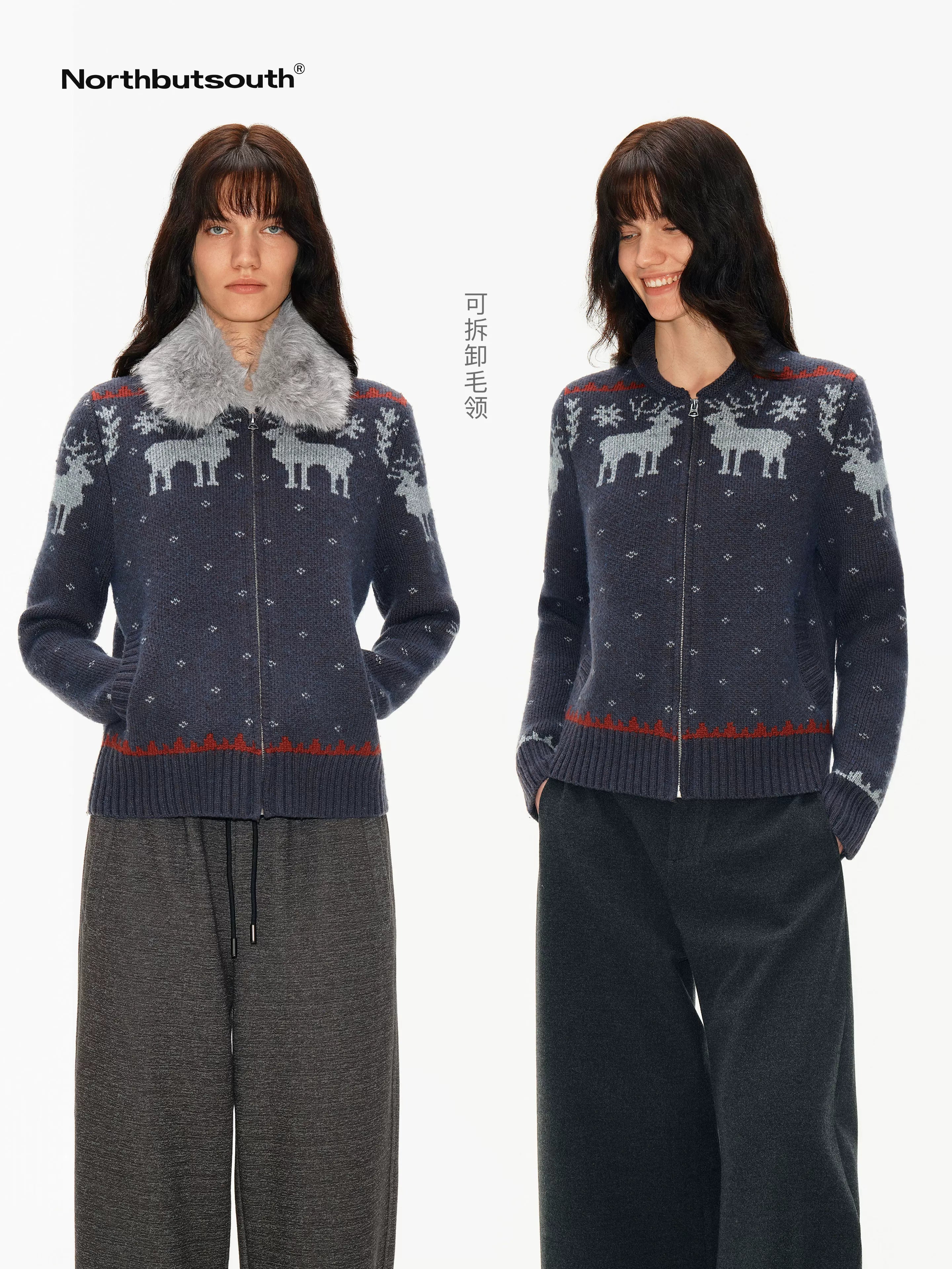 Fair Isle Detachable Fur Collar Patch Pocket Knit Women&