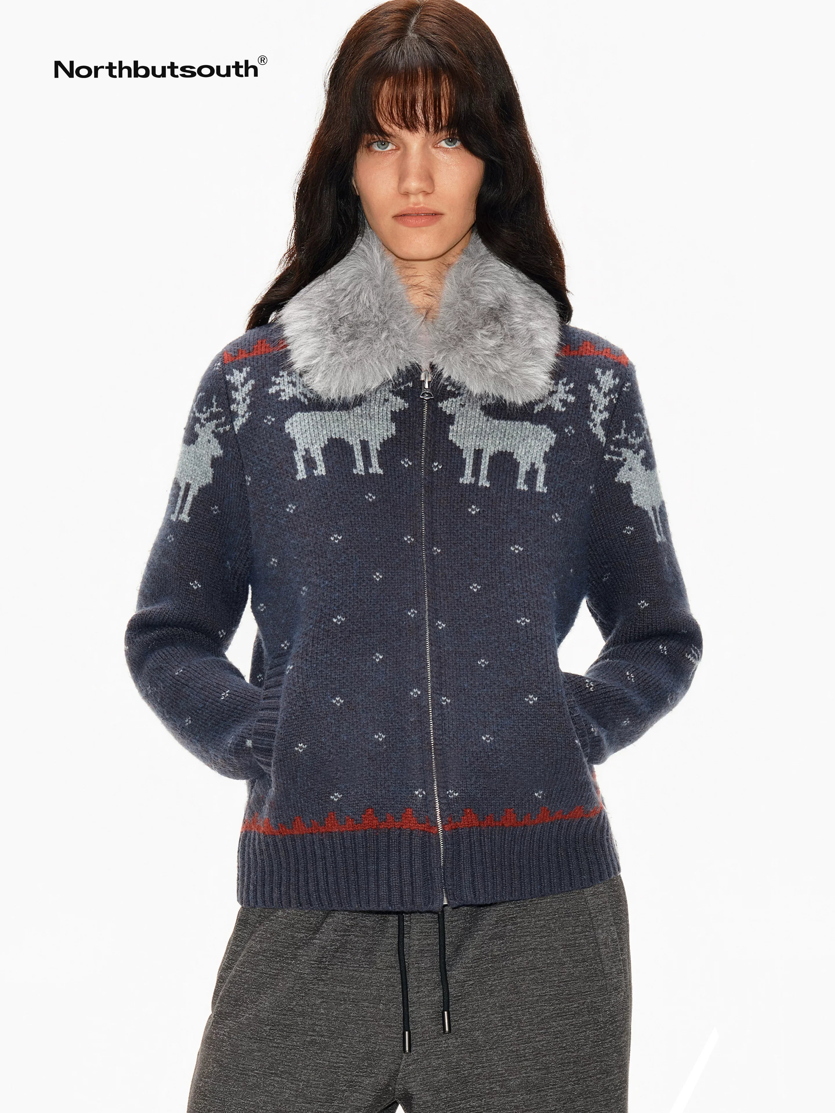 Fair Isle Detachable Fur Collar Patch Pocket Knit Women&