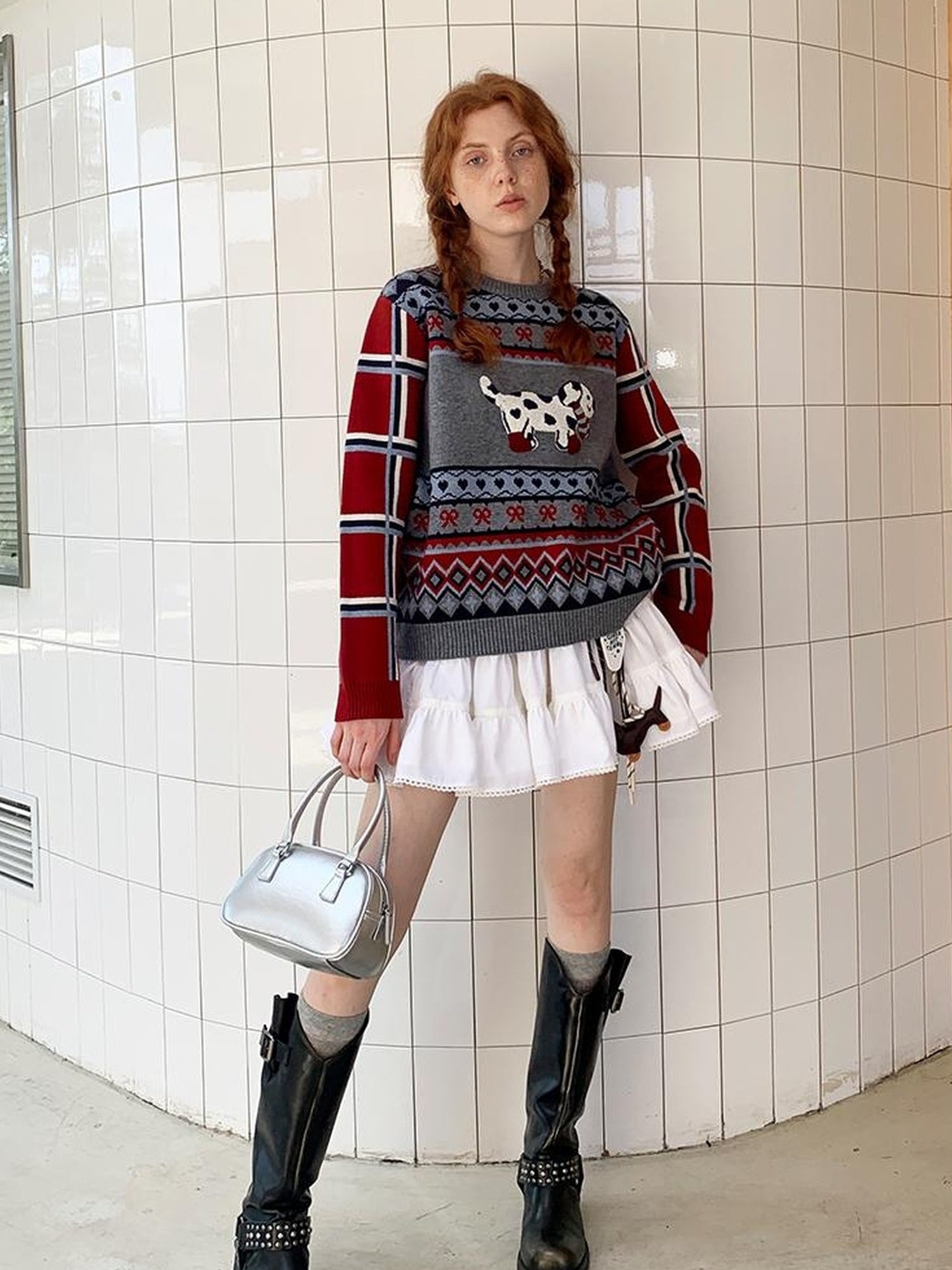DIDDI MODA Fair Isle Dog Embroidered Colorblock Sweater